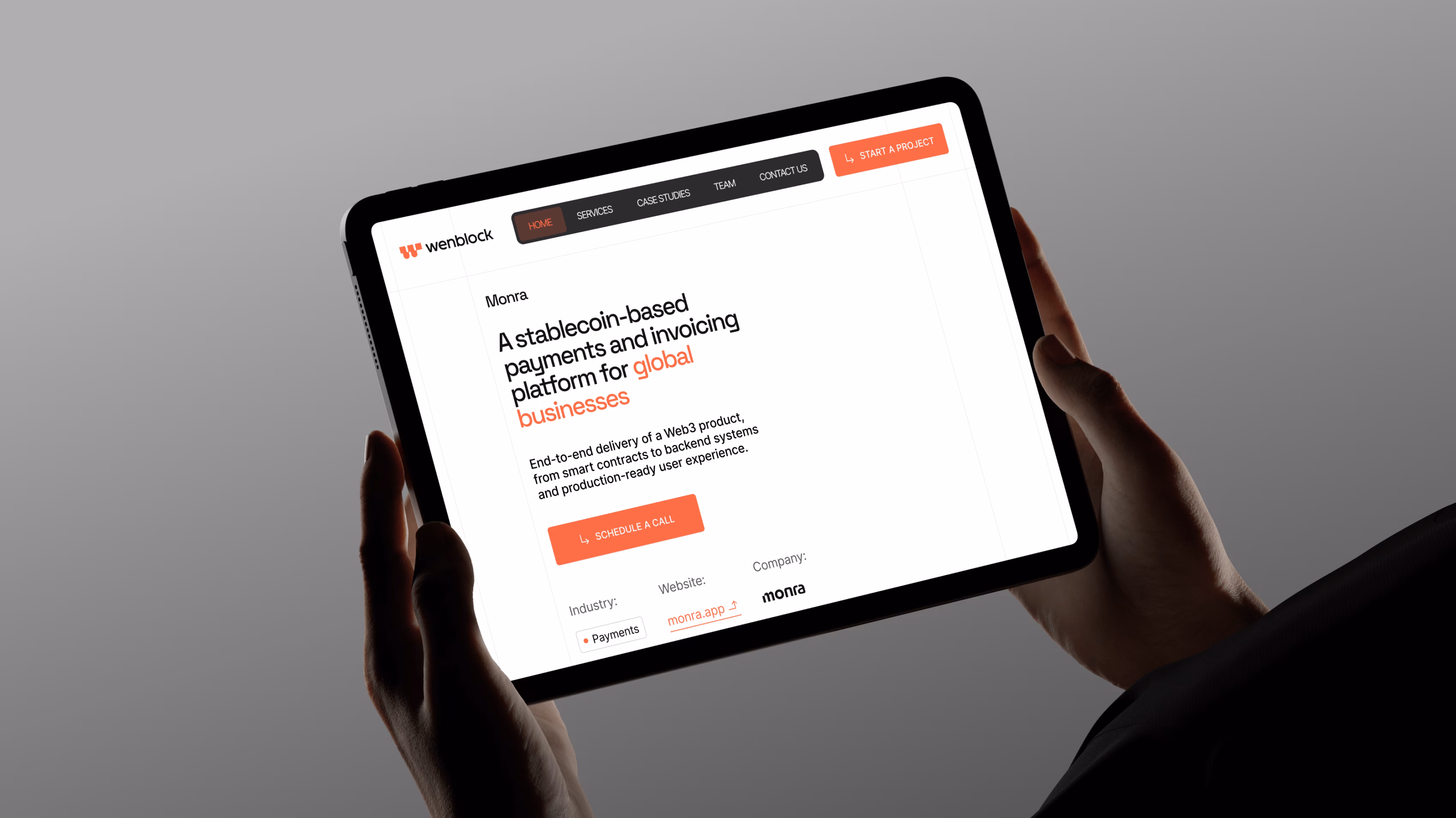 Wenblock SAS website design showing hero messaging "Your Web3 Engineering Partner" by Hatypo Studio