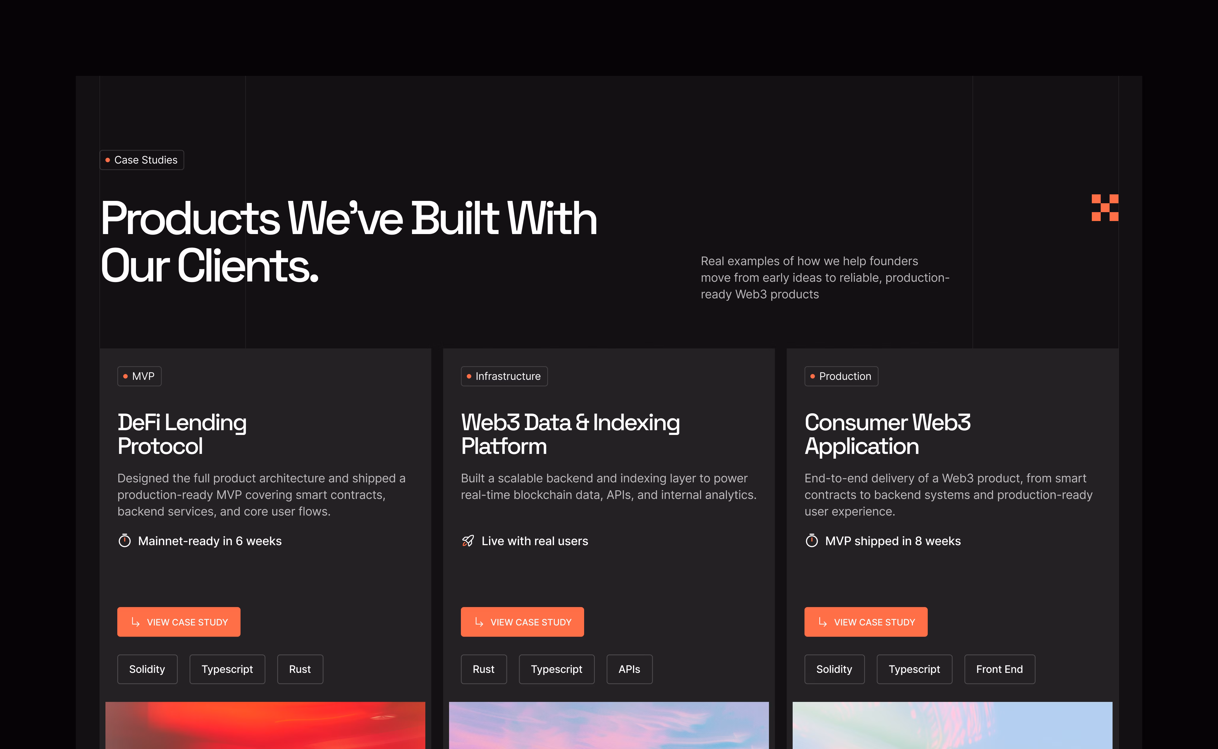 Wenblock website design displaying three case studies: DeFi lending protocol, Web3 data indexing platform, and consumer Web3 application by Hatypo Studio