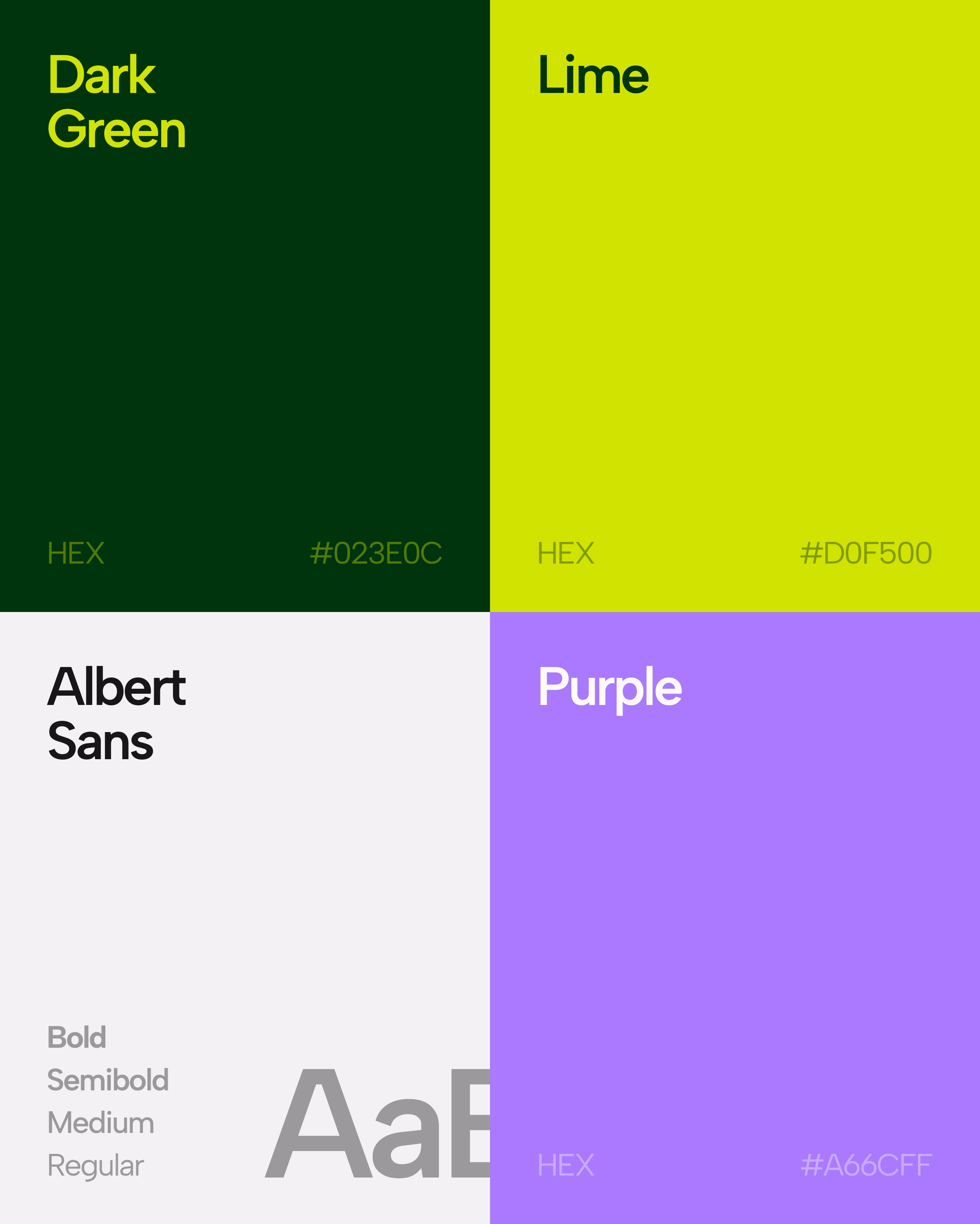 Monra brand identity showing dark green and lime color palette, purple accent, and Albert Sans typeface system by Hatypo Studio