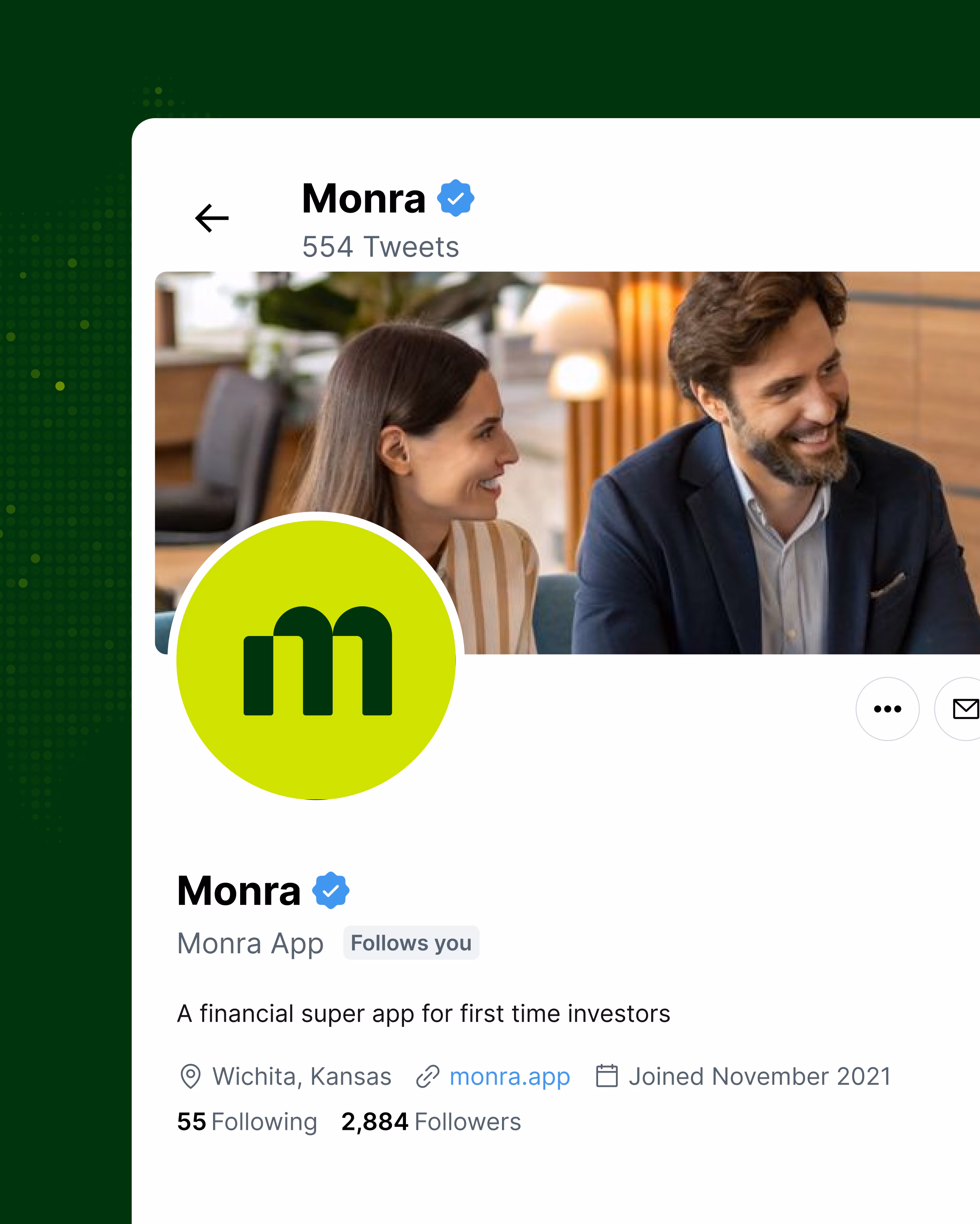Monra social media profile design featuring app icon, brand description, and team lifestyle photography by Hatypo Studio