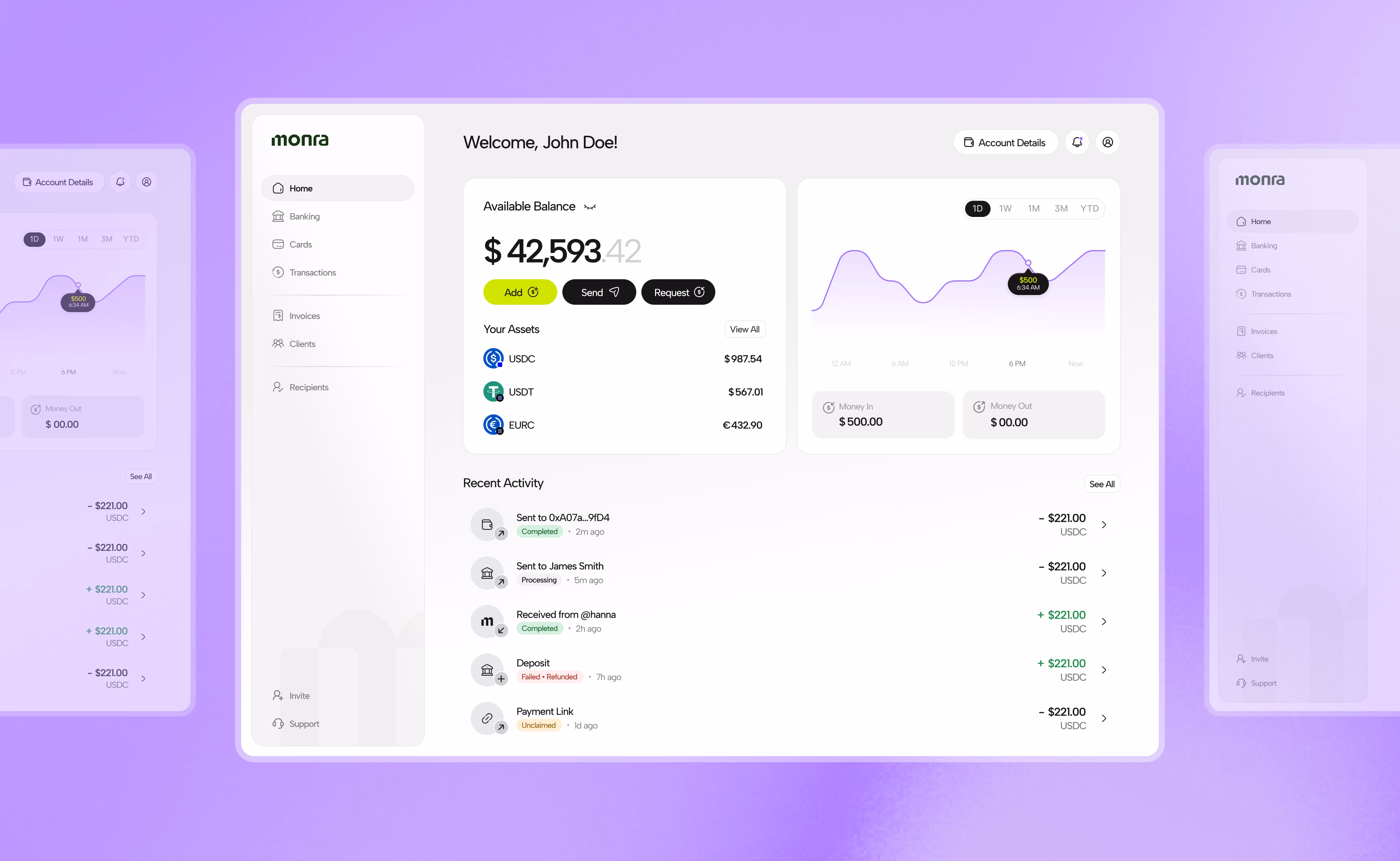 Monra app dashboard design showing welcome message, available balance, and portfolio overview across multiple screens by Hatypo Studio