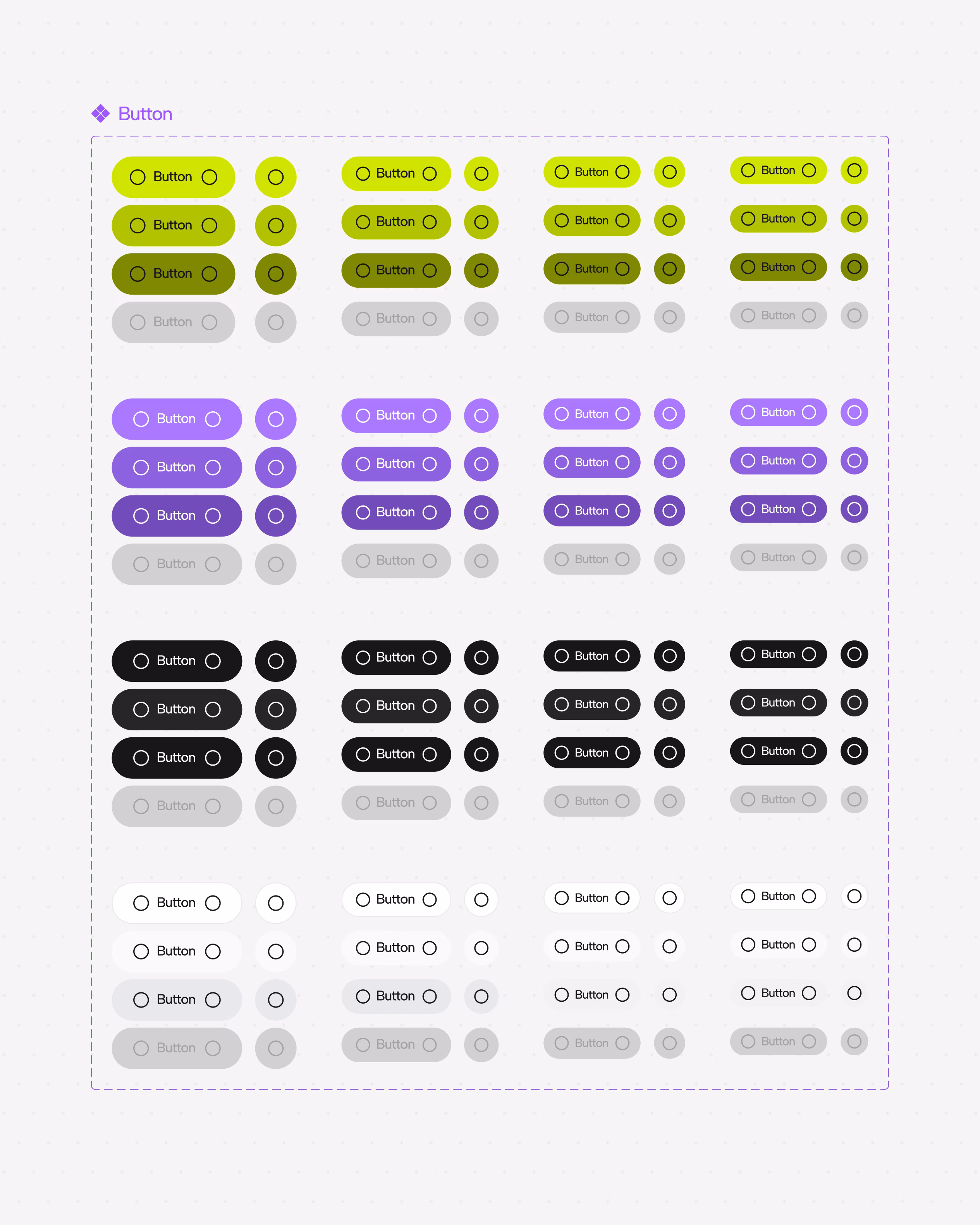 Monra design system displaying UI components including buttons and interactive elements in lime, purple, and black by Hatypo Studio