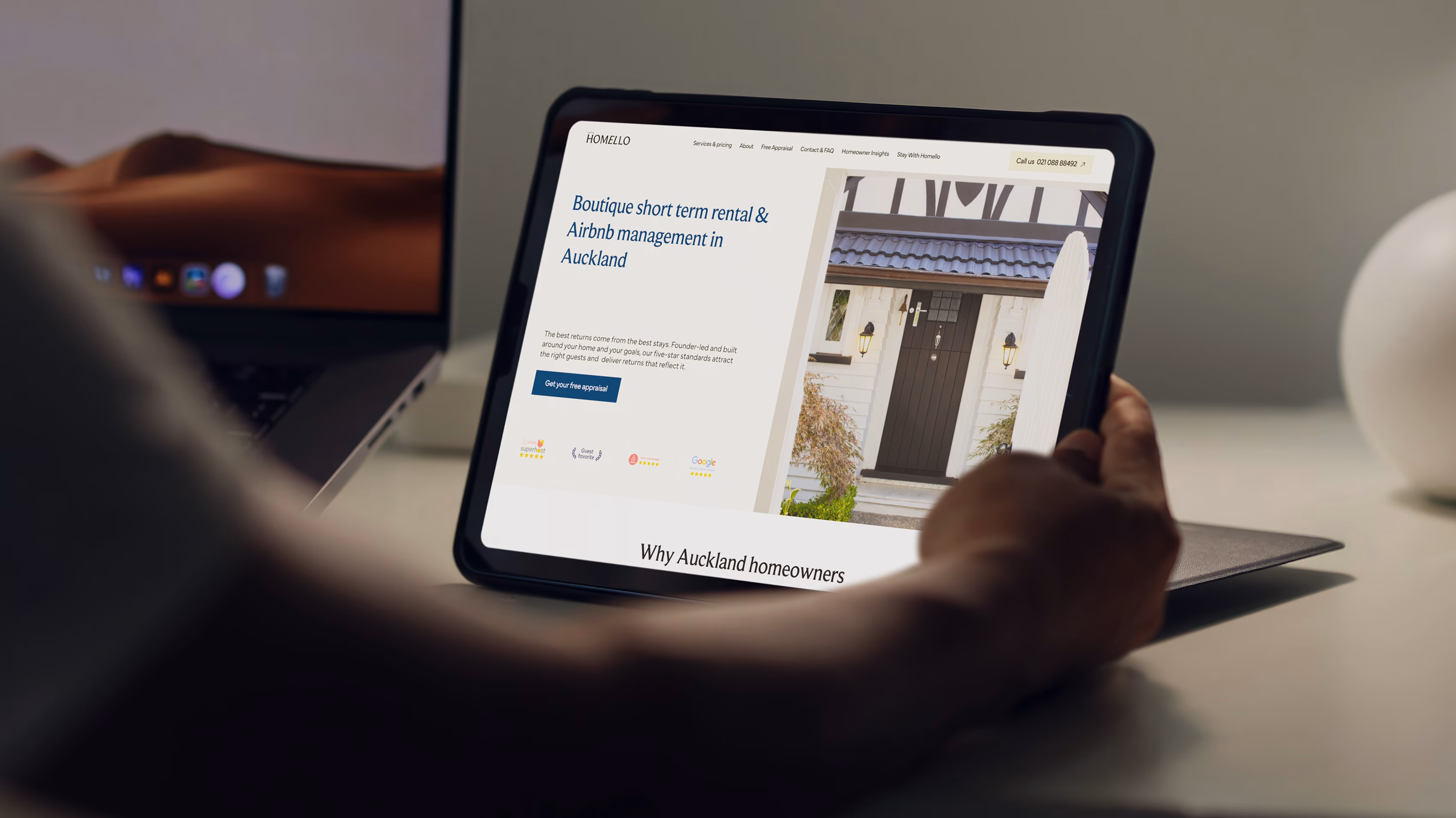 Homello website design showing property listing interface and booking flow for premium short-term rentals by Hatypo Studio