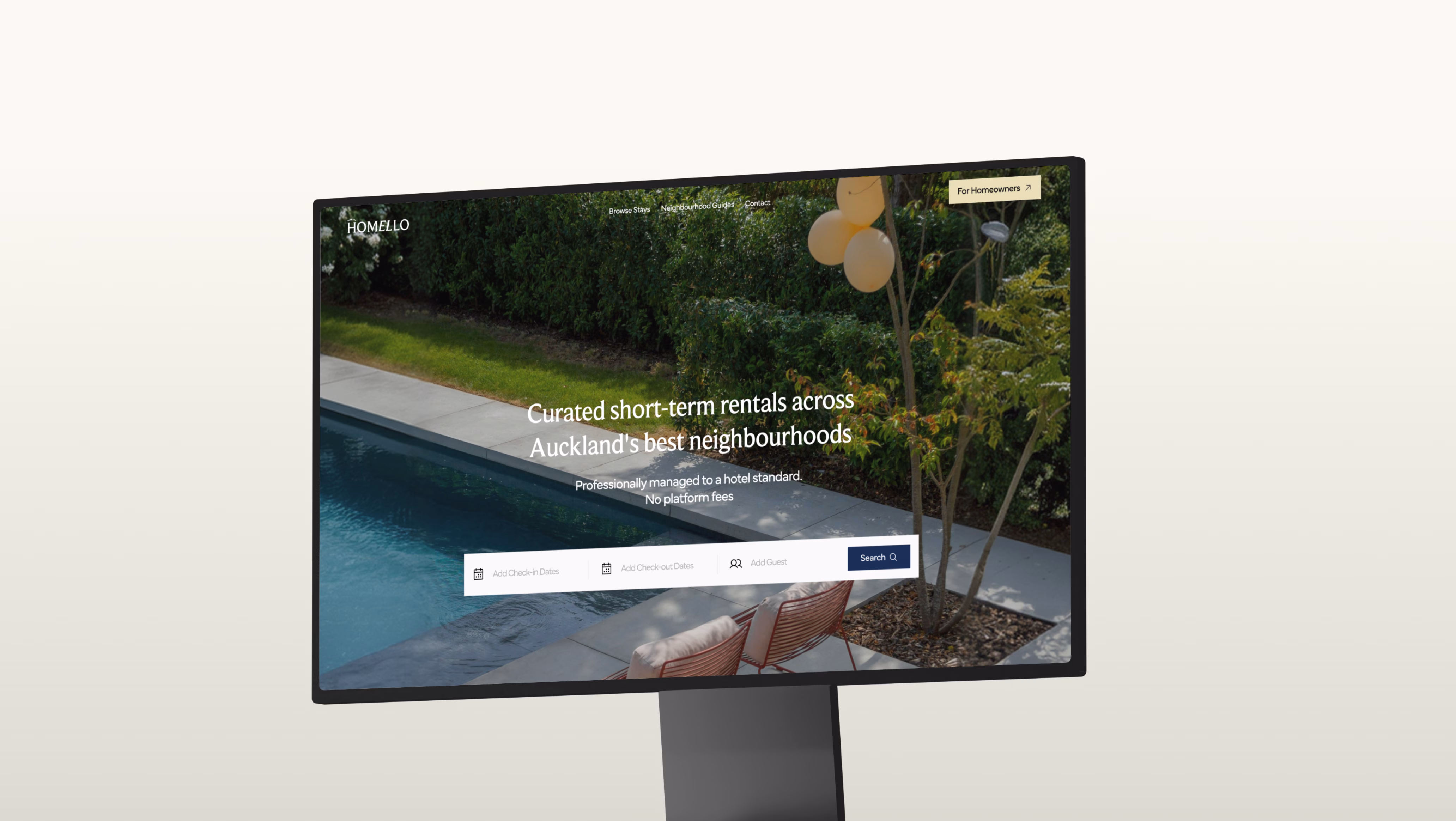 Homello website design showing property listing interface and booking flow for premium short-term rentals by Hatypo Studio