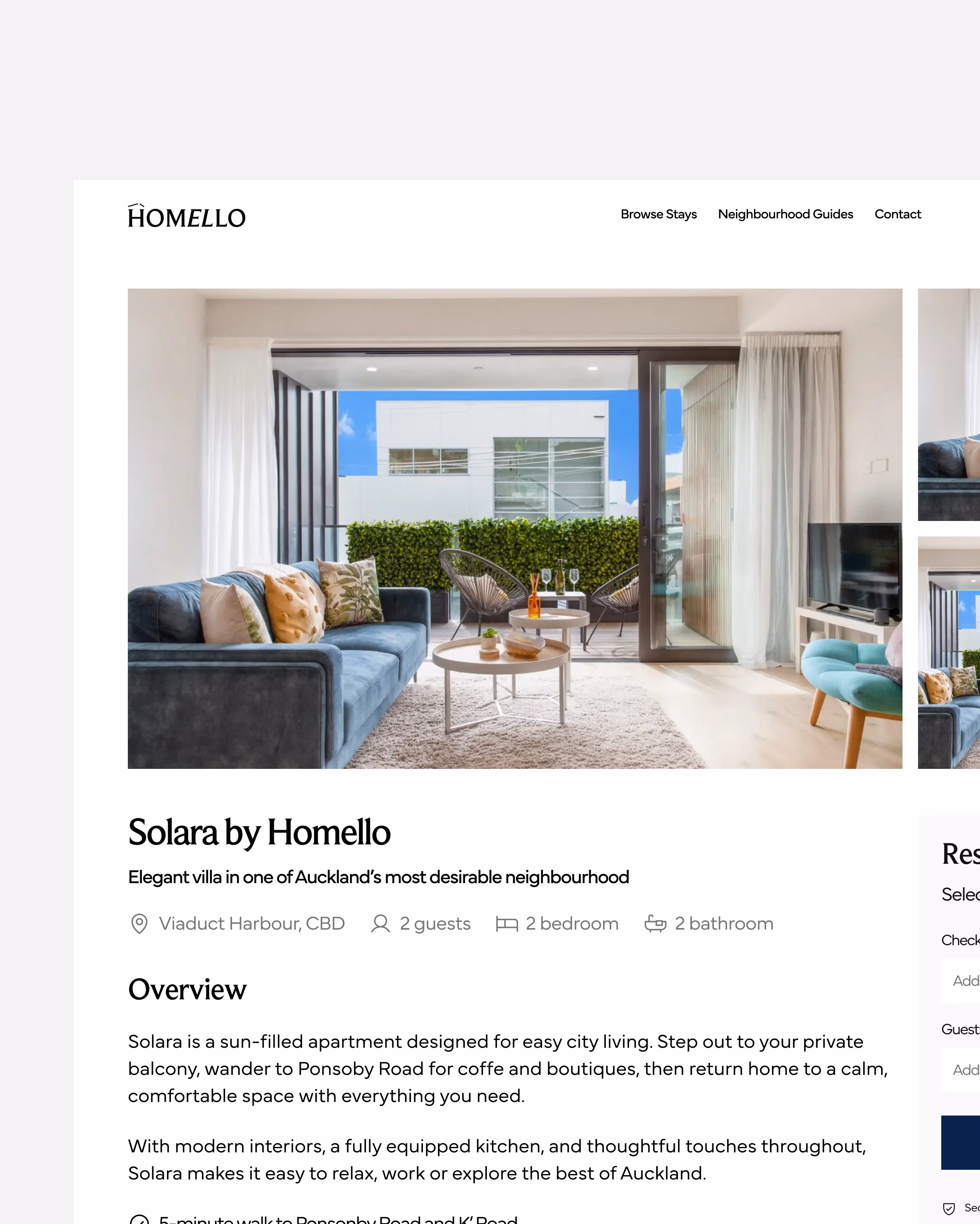 Homello website design showing property listing interface and booking flow for premium short-term rentals by Hatypo Studio
