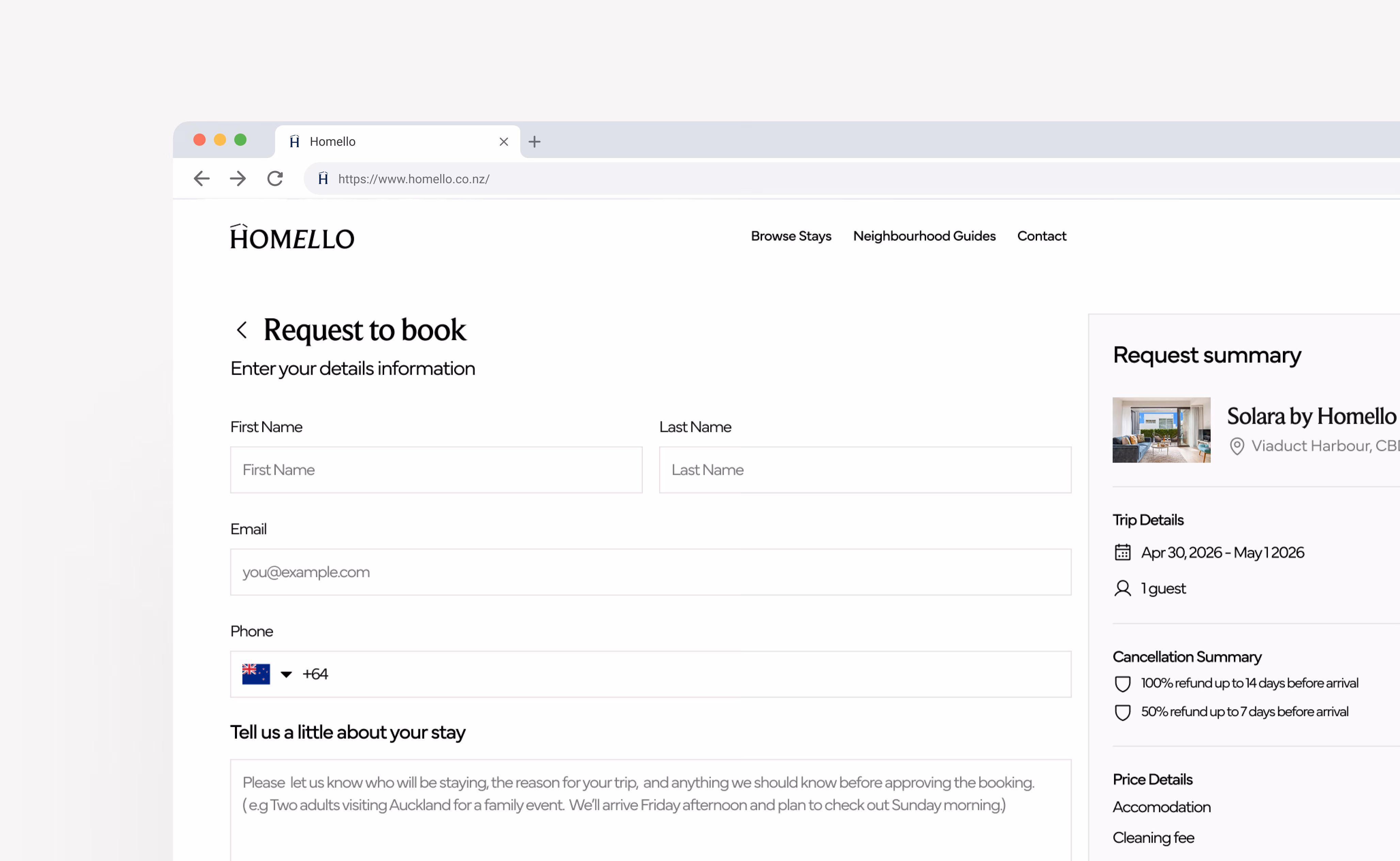 Homello website product design showing property details, amenities list, booking calendar, and guest information form by Hatypo Studio