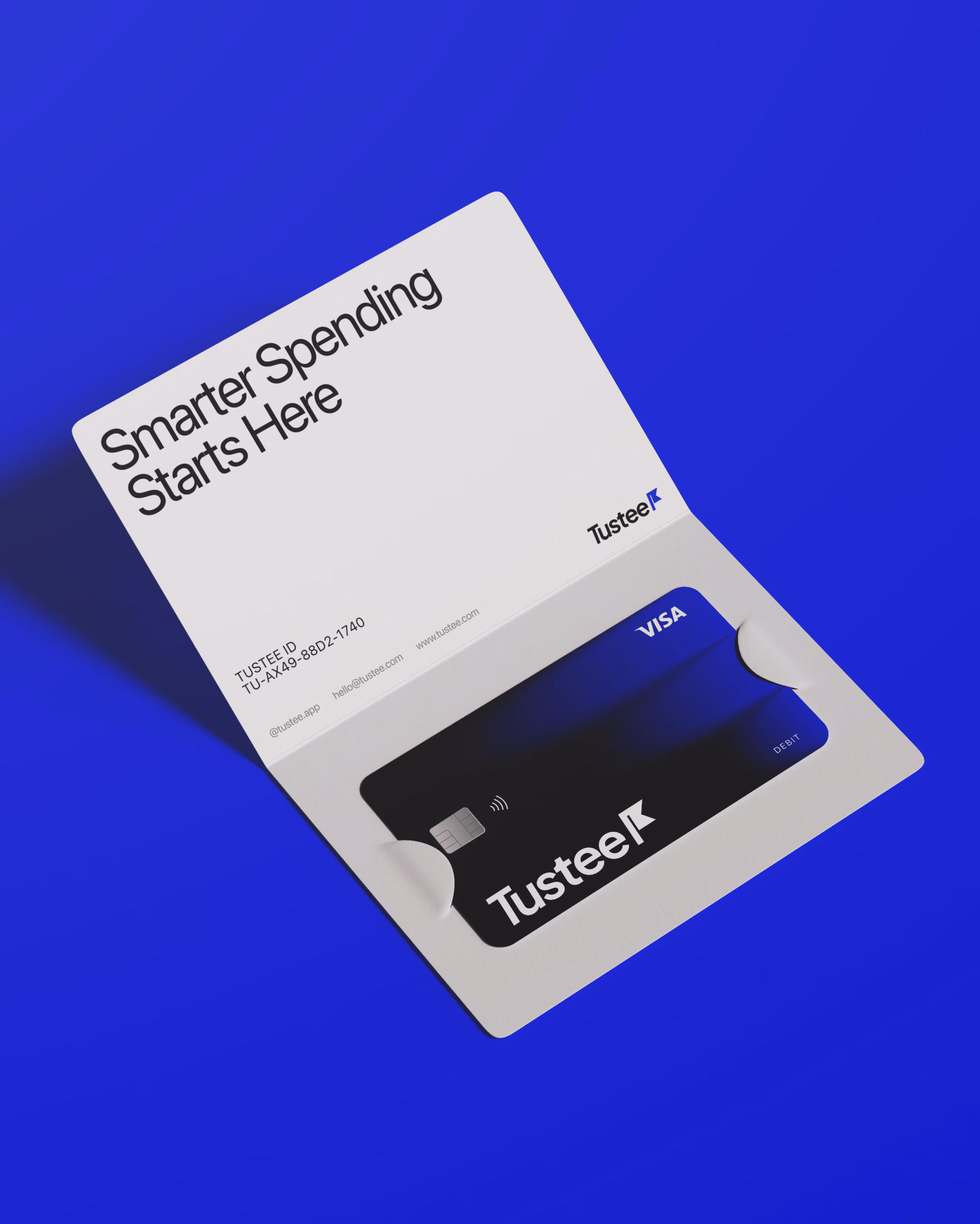 Tustee Finance product design showing card wallet and branded accessories
