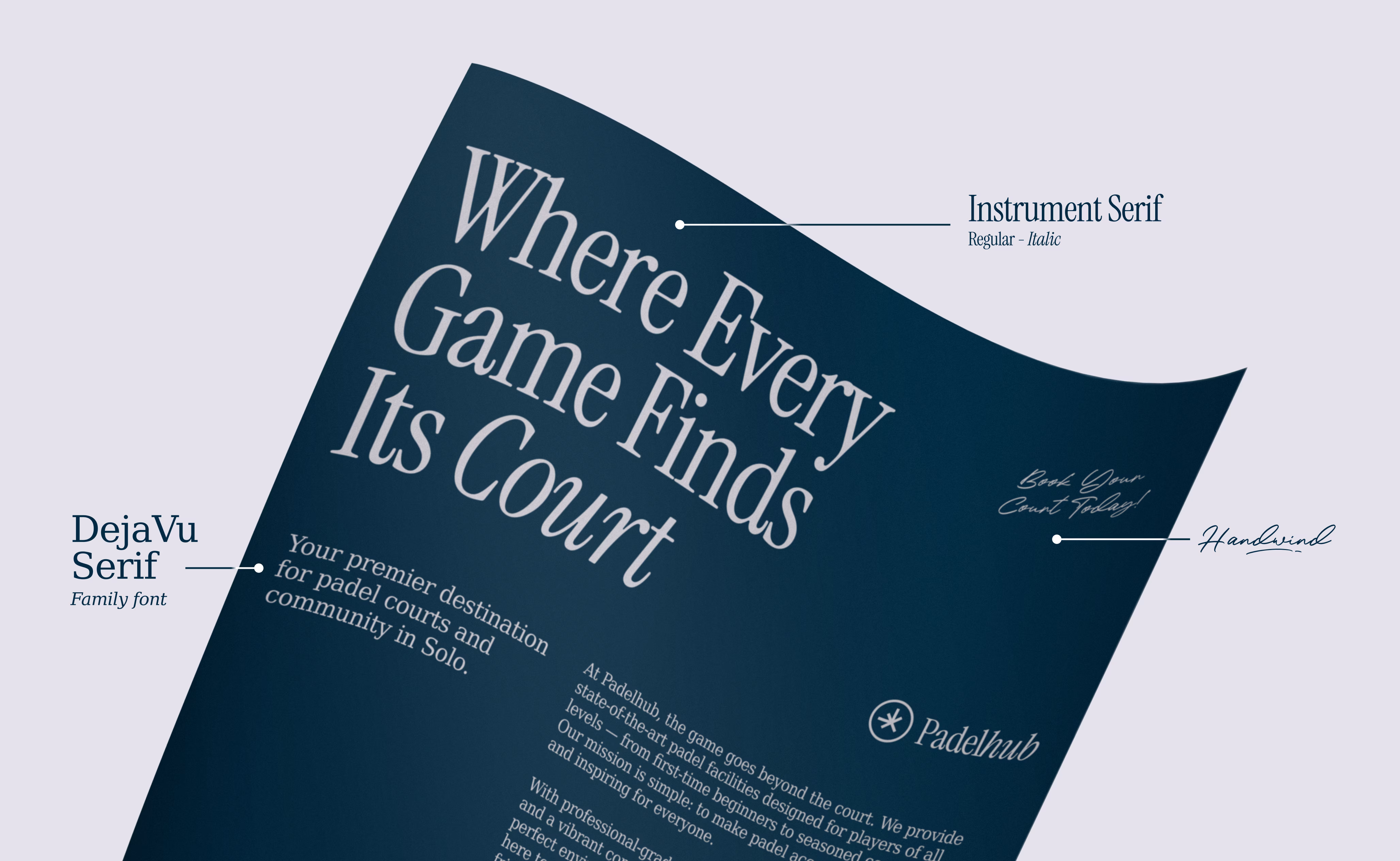 Padelhub typography system displaying Instrument Serif and additional font families