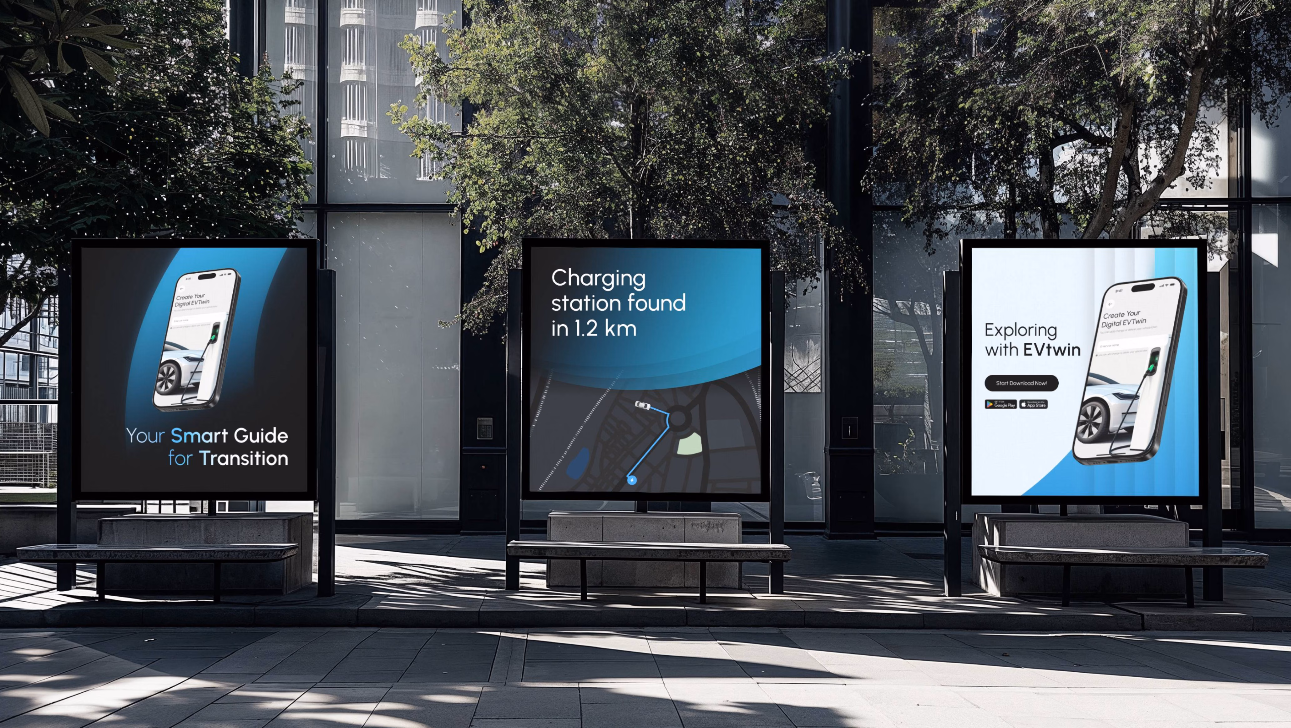 EVTwin advertising campaign showing outdoor billboards for EV platform brand awareness by Hatypo Studio