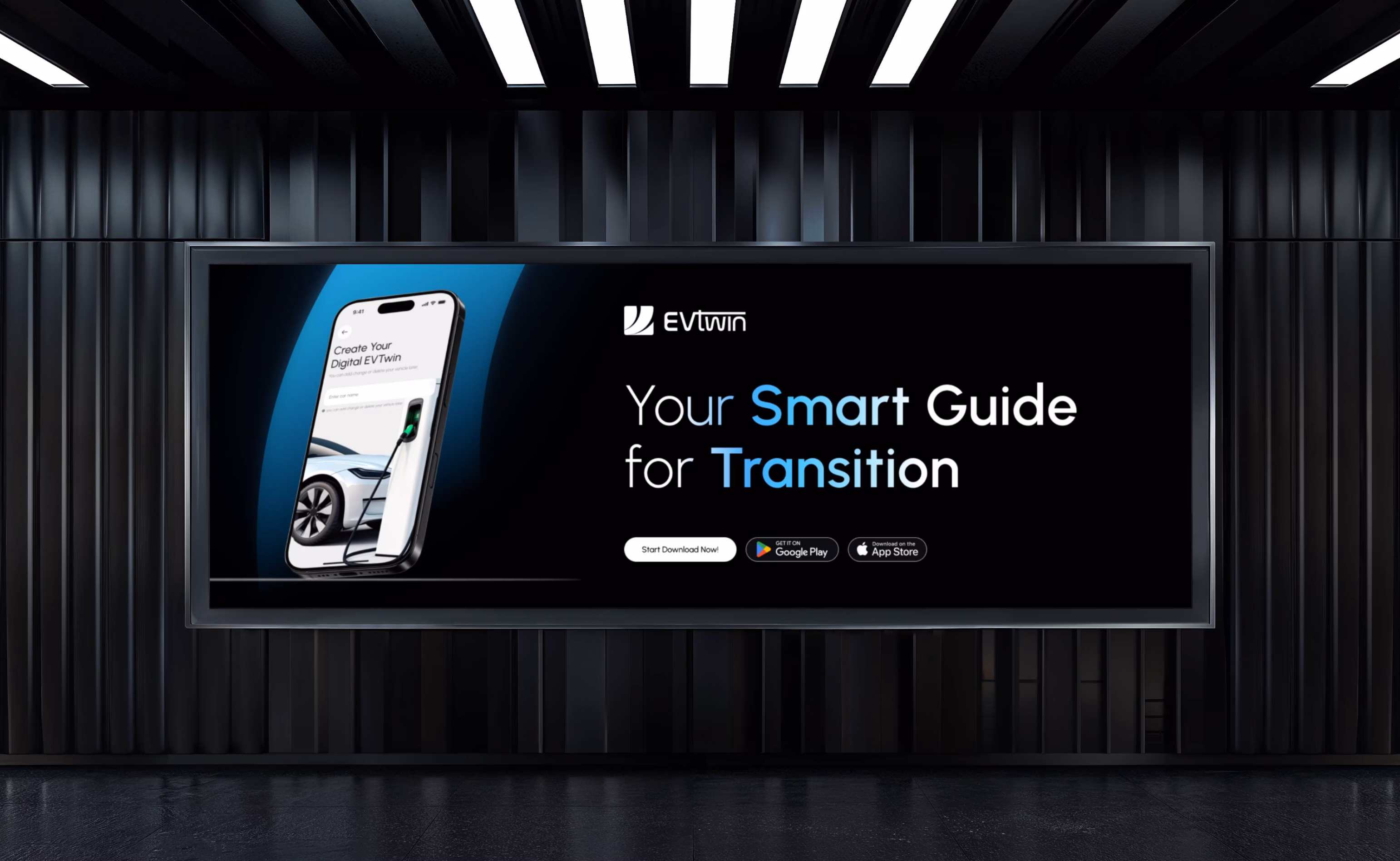 EVTwin advertising campaign showing outdoor billboards for EV platform brand awareness by Hatypo Studio