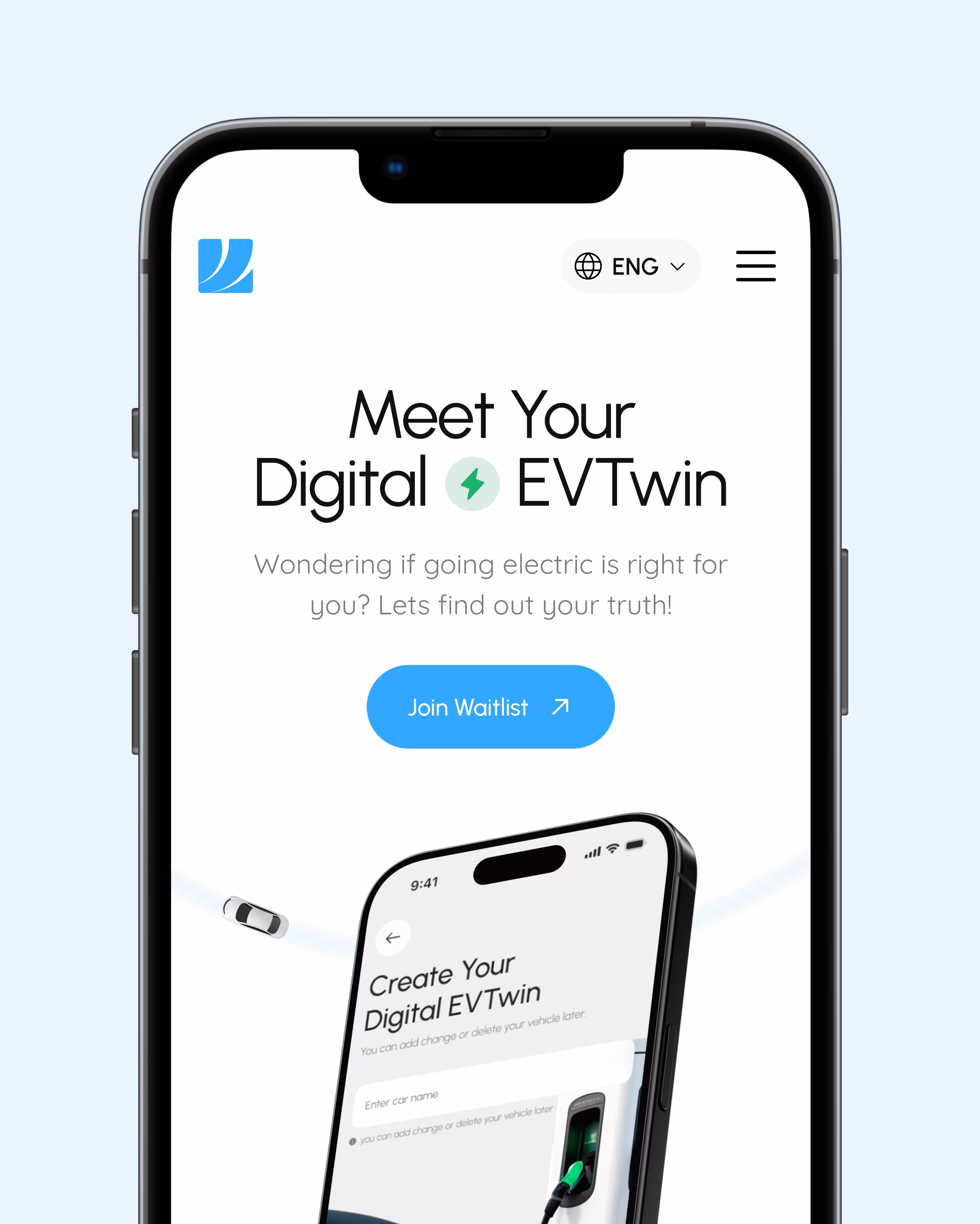 EVTwin app mobile UI design showing hero screen with responsive website, waitlist signup, and onboarding preview by Hatypo Studio