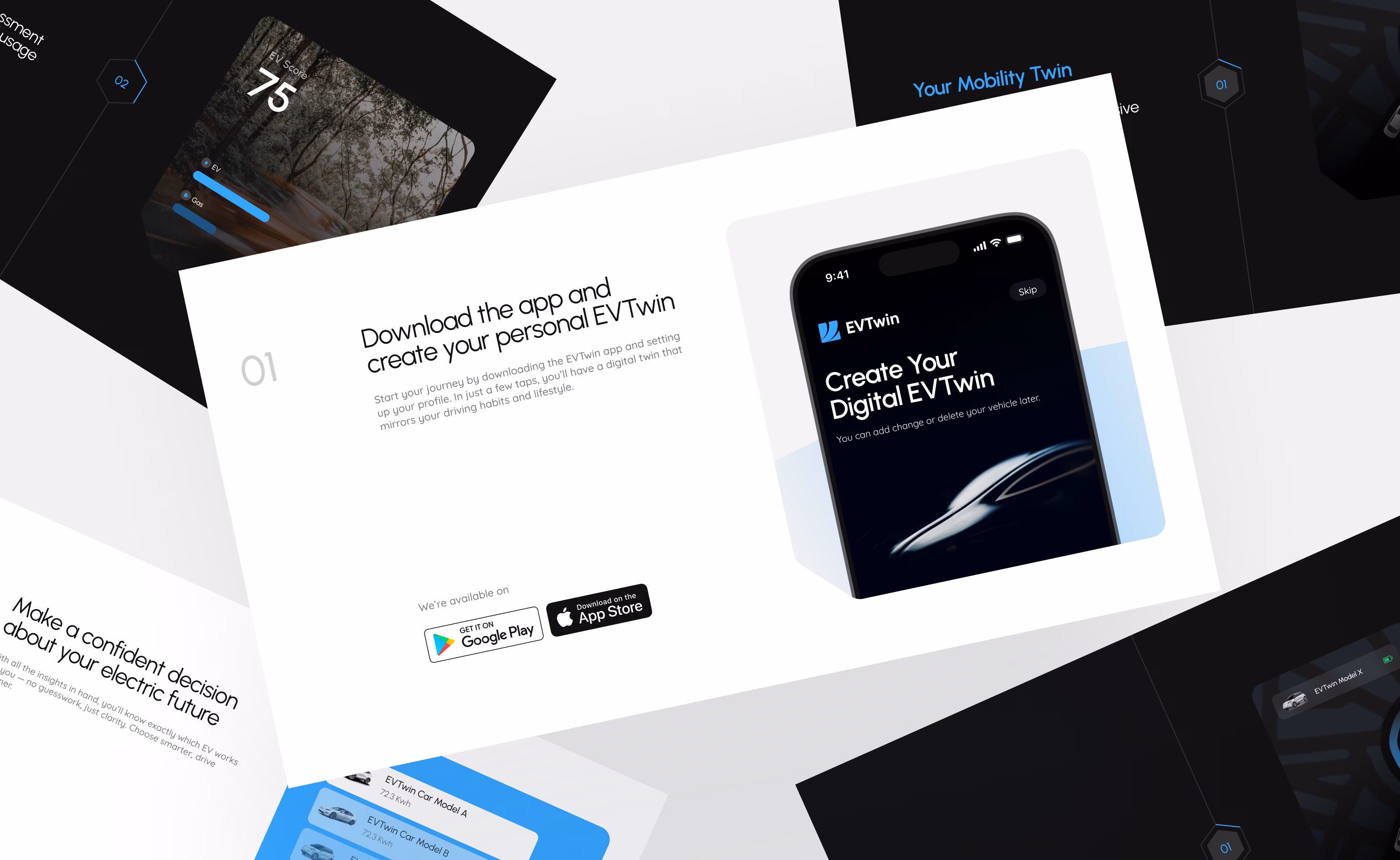 EVTwin app UI design showing multi-step onboarding including vehicle setup, profile creation, and feature introduction by Hatypo Studio