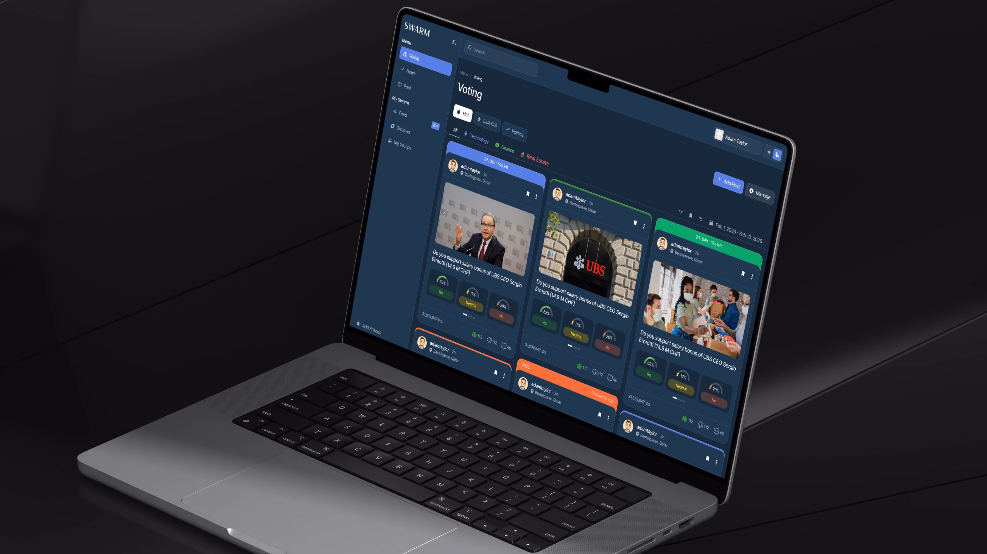 SWARM community platform website design showing real-time discussions and engagement interface by Hatypo Studio