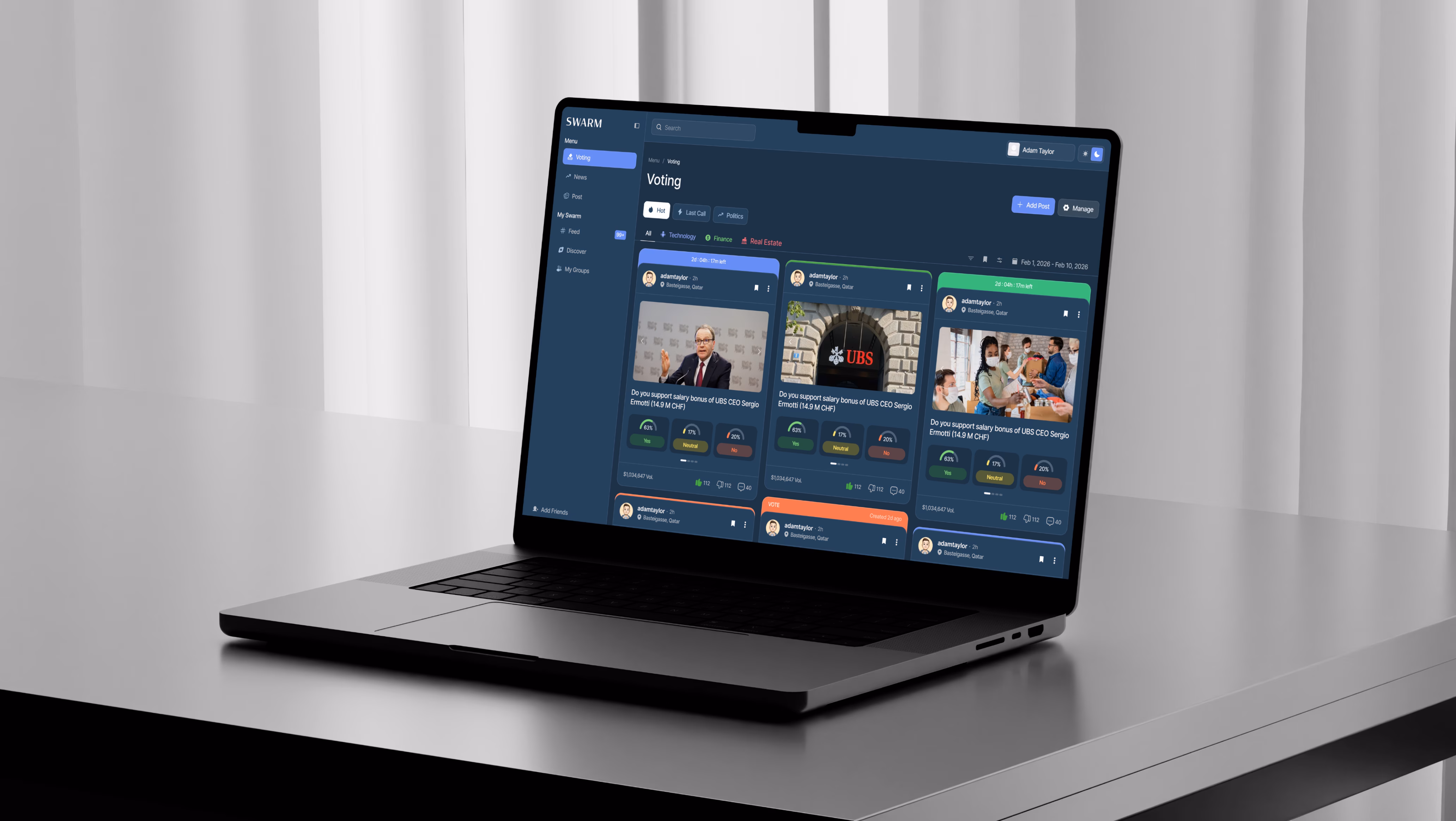 SWARM community platform website design showing real-time discussions and engagement interface by Hatypo Studio