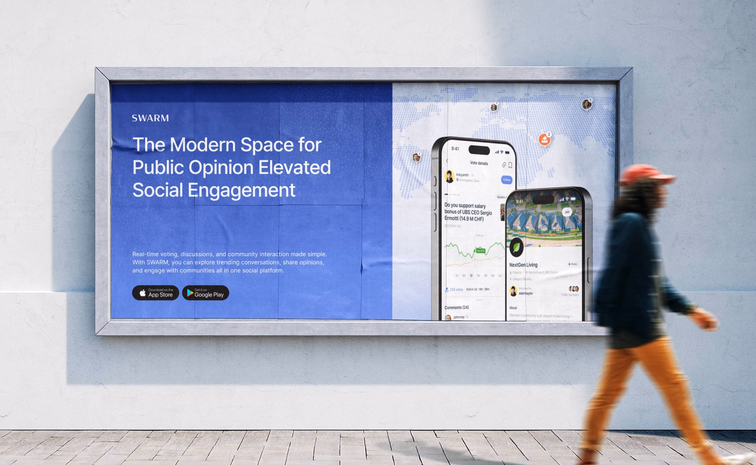 SWARM brand imagery showing person passing by SWARM banner by Hatypo Studio