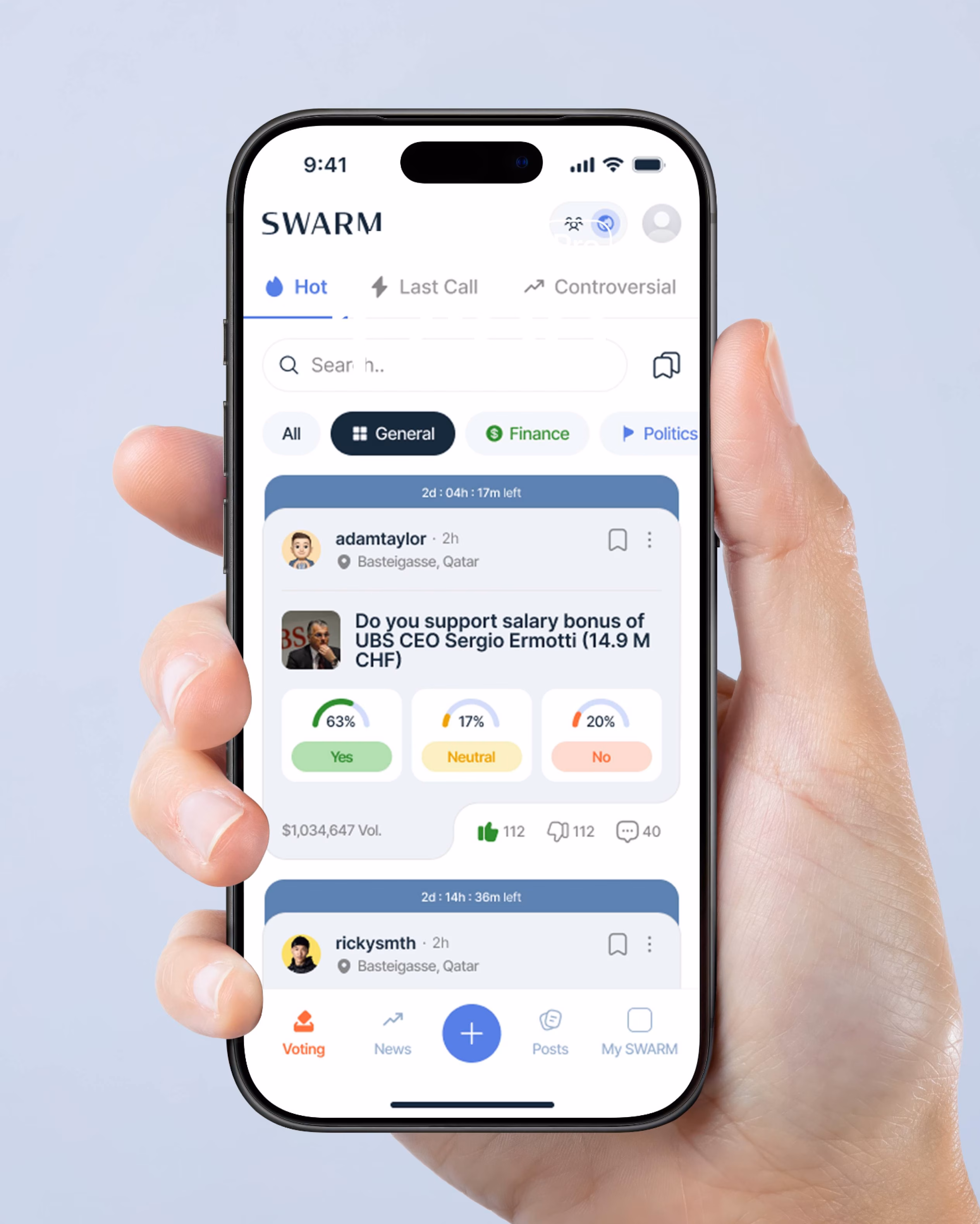 SWARM app UI design showing live poll with voting options, engagement metrics, and time remaining by Hatypo Studio
