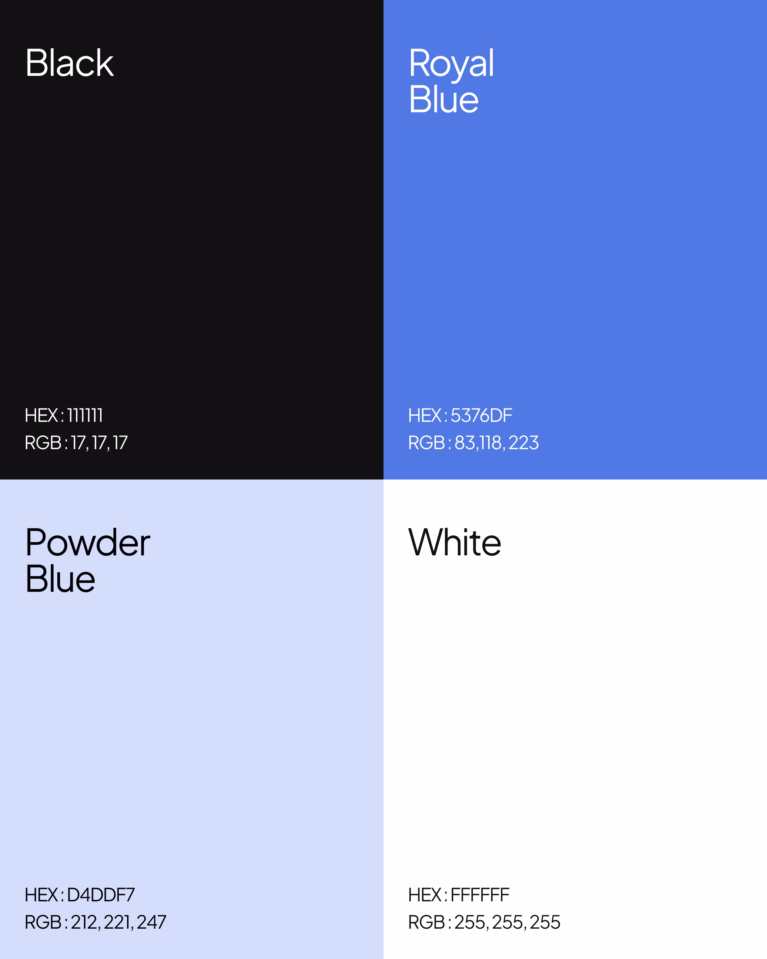SWARM brand identity showing Black, Royal Blue, Powder Blue, and White color system by Hatypo Studio
