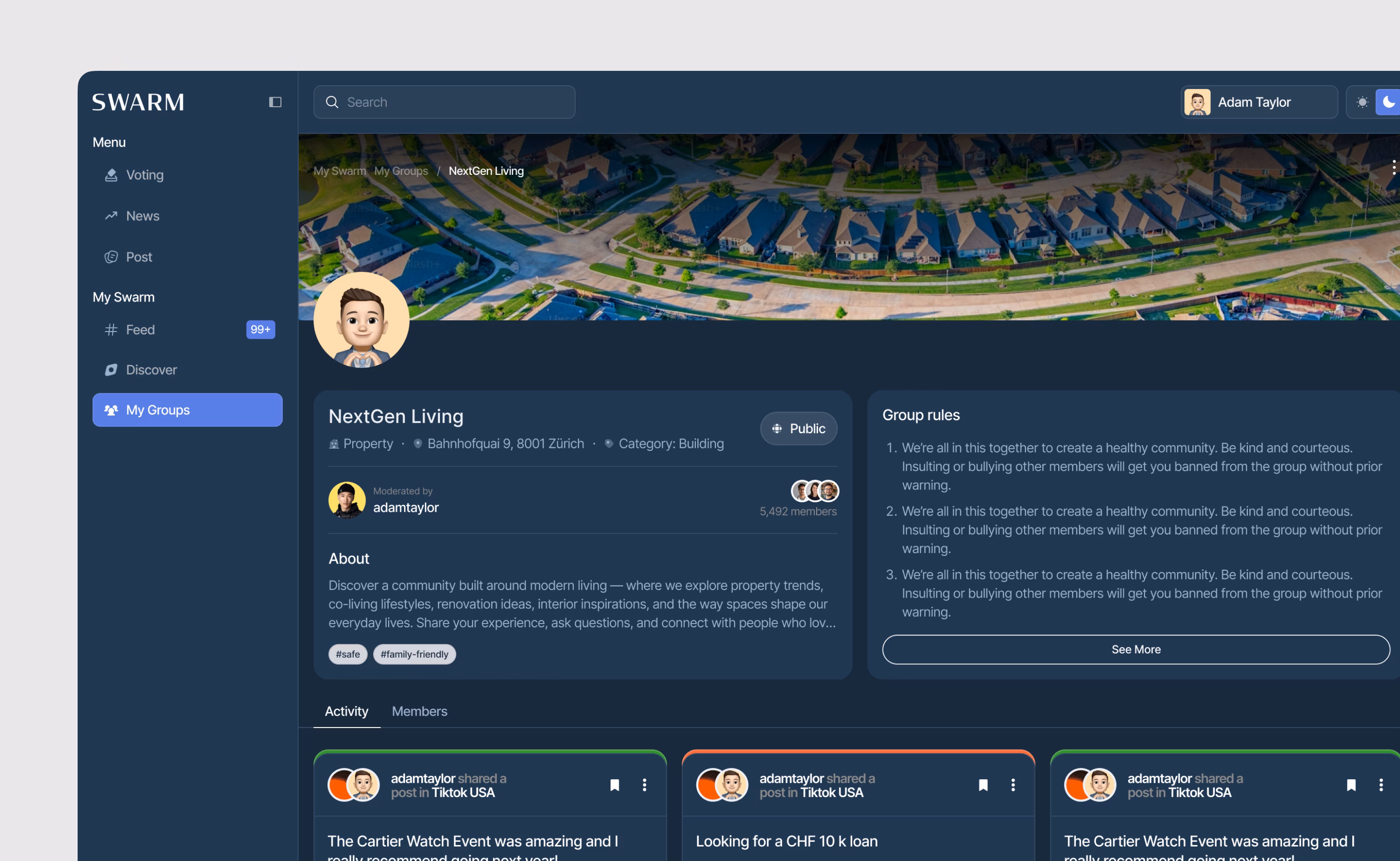 SWARM app UI design showing user profile, friends, and subgroup member administration interface by Hatypo Studio