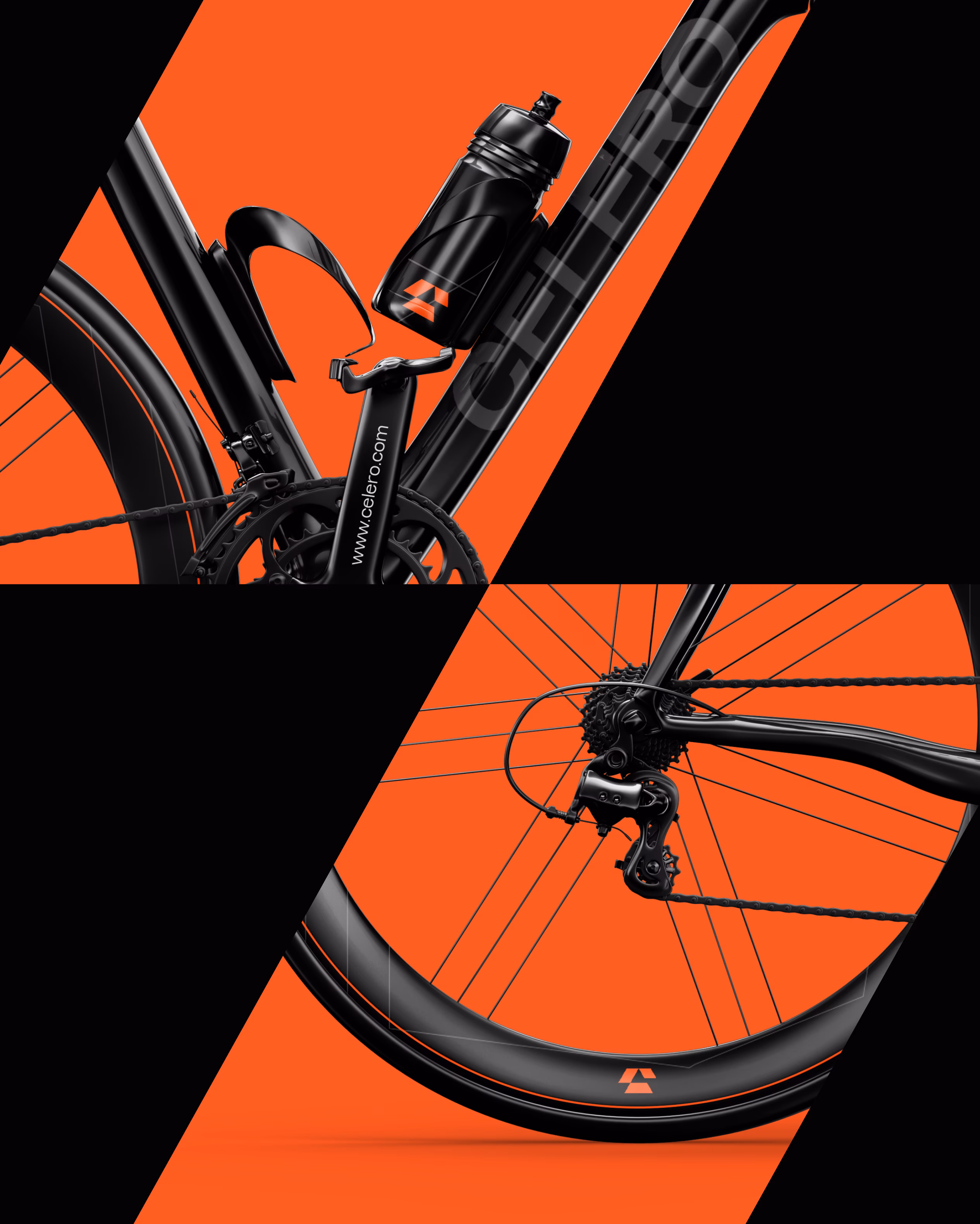 Celero brand photography integrating cycling lifestyle with orange accent colors