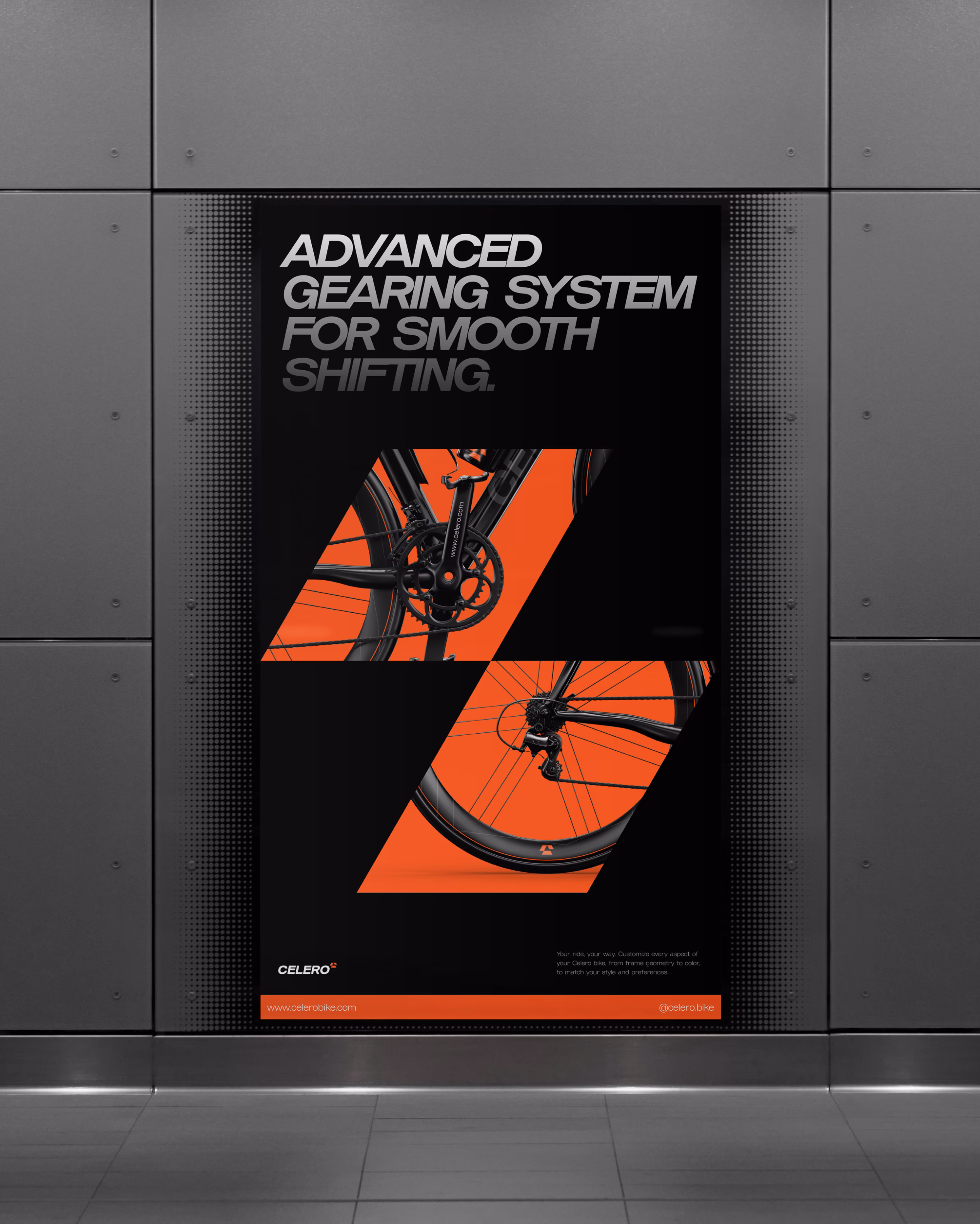 Celero brand photography integrating cycling lifestyle with orange accent colors