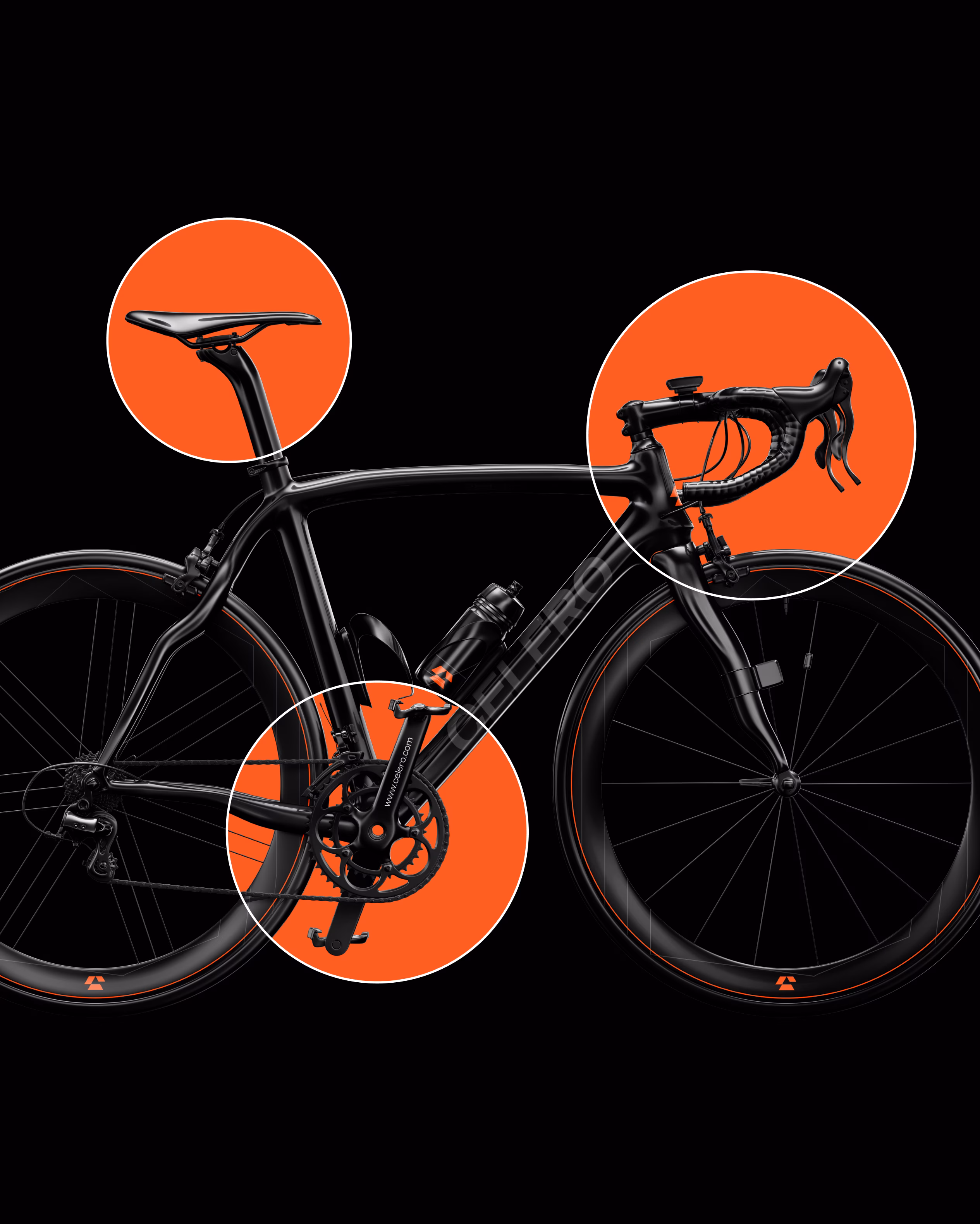 Celero brand photography integrating cycling lifestyle with orange accent colors
