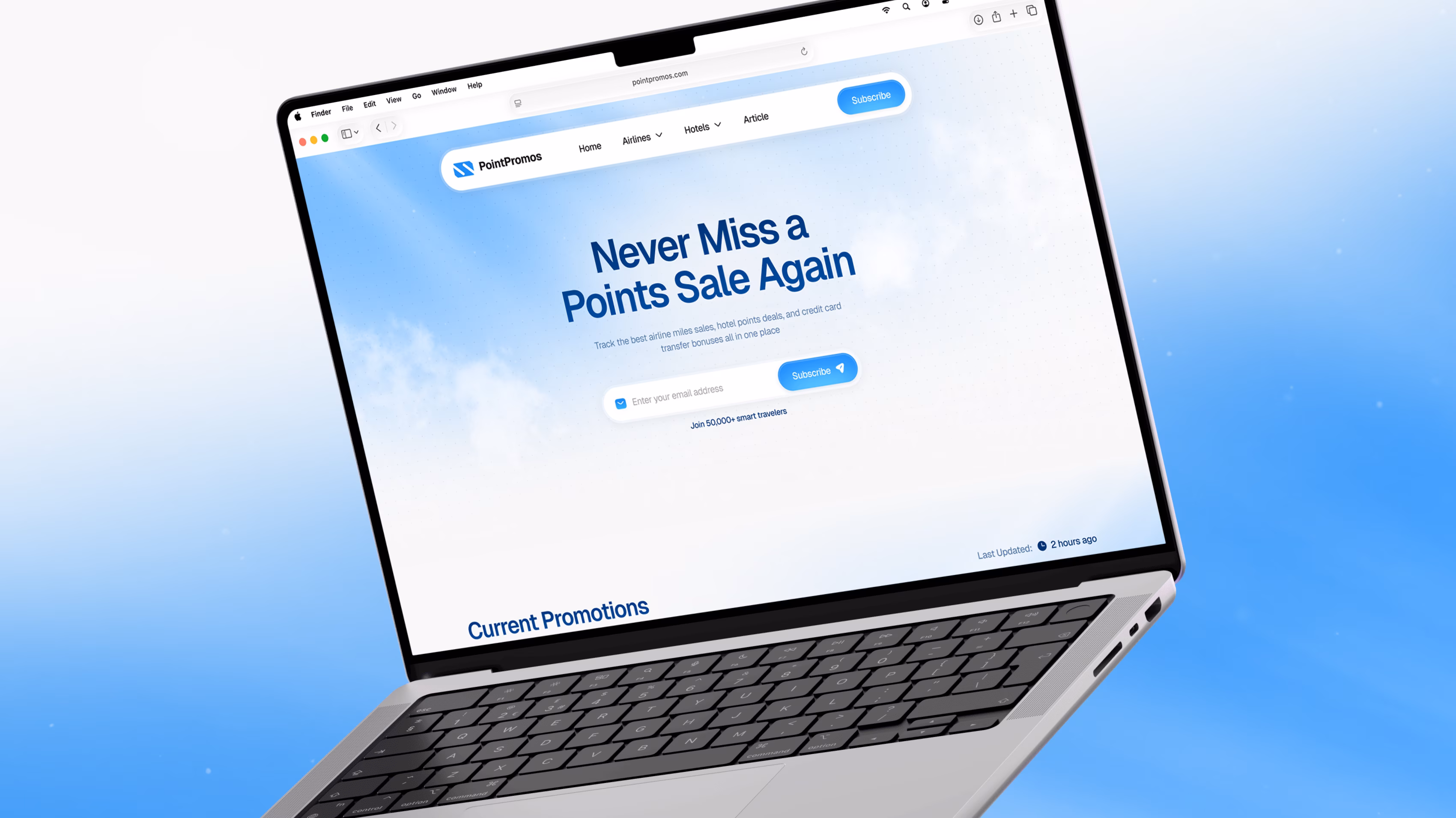 PointsPromos website design showing hero messaging "Never Miss a Points Sale Again" with email subscription call-to-action by Hatypo Studio