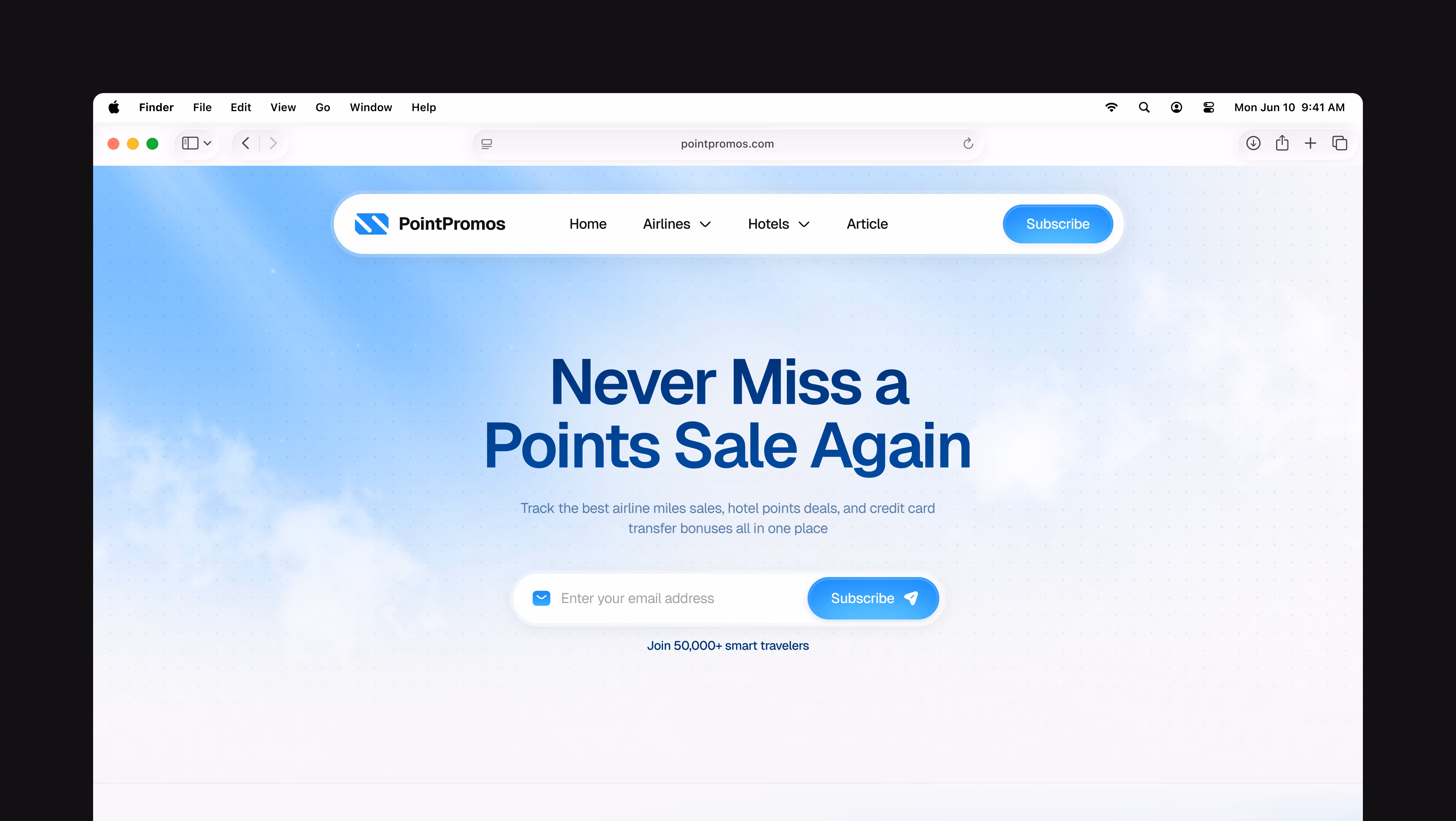 PointsPromos website navigation design featuring Airlines, Hotels, and Article category links by Hatypo Studio