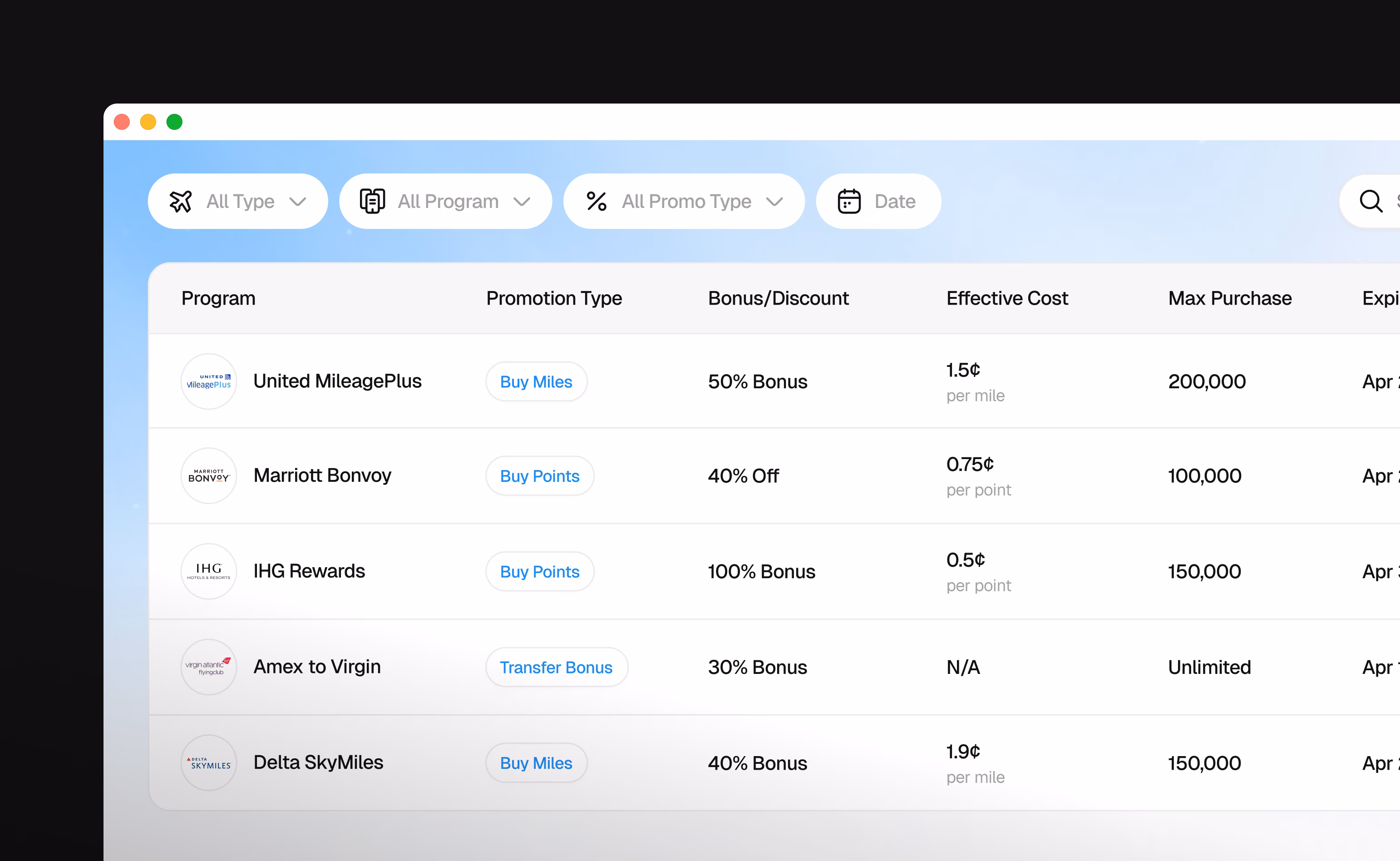 PointsPromos website design displaying current airline promotions with points value, expiration dates, and earning multipliers by Hatypo Studio
