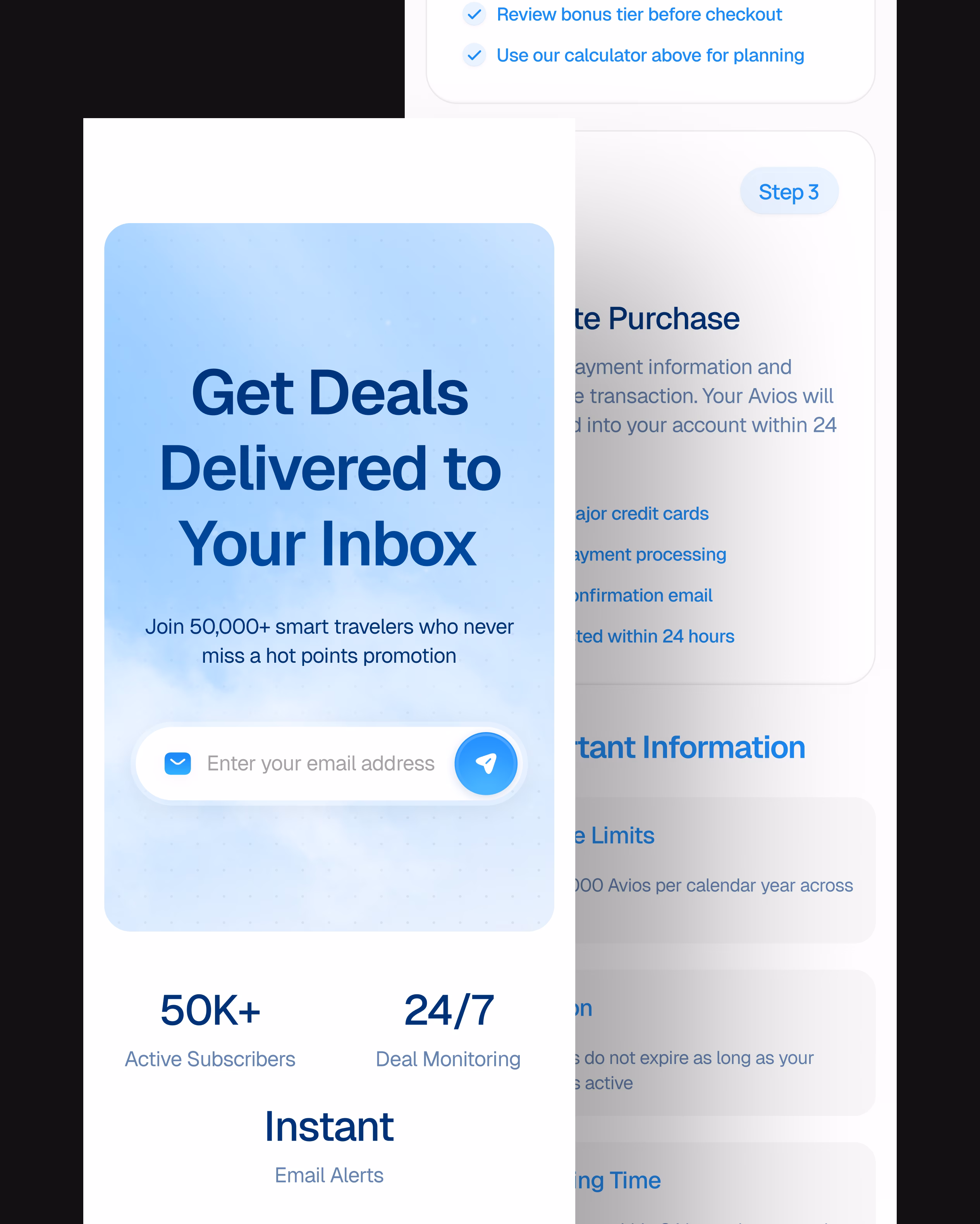 PointsPromos website design showing email signup interface with "Get Deals Delivered to Your Inbox" messaging and member stats by Hatypo Studio