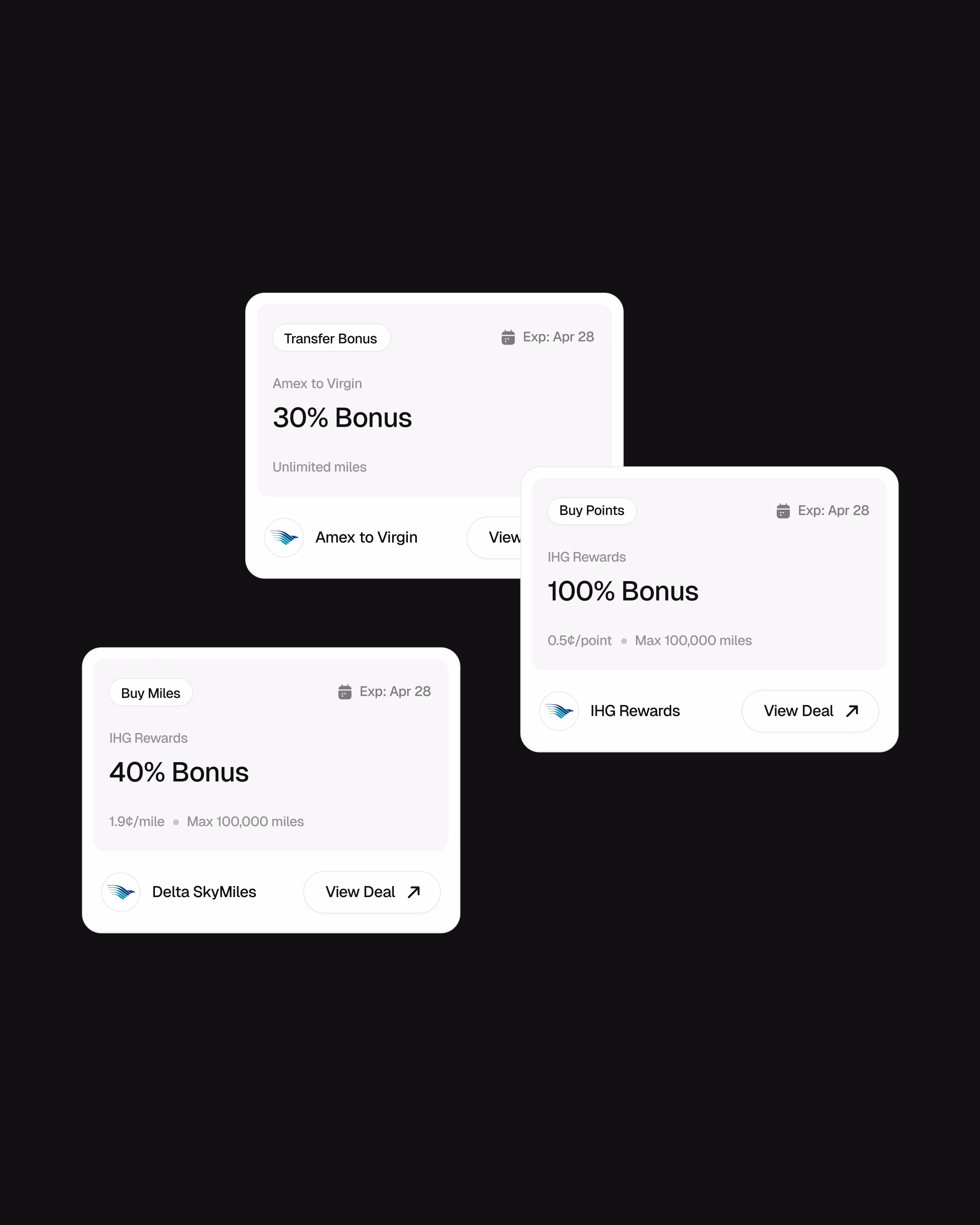 PointsPromos website design showing transfer bonus promotion cards for airline partners with 30%, 100%, and 40% bonus offers by Hatypo Studio