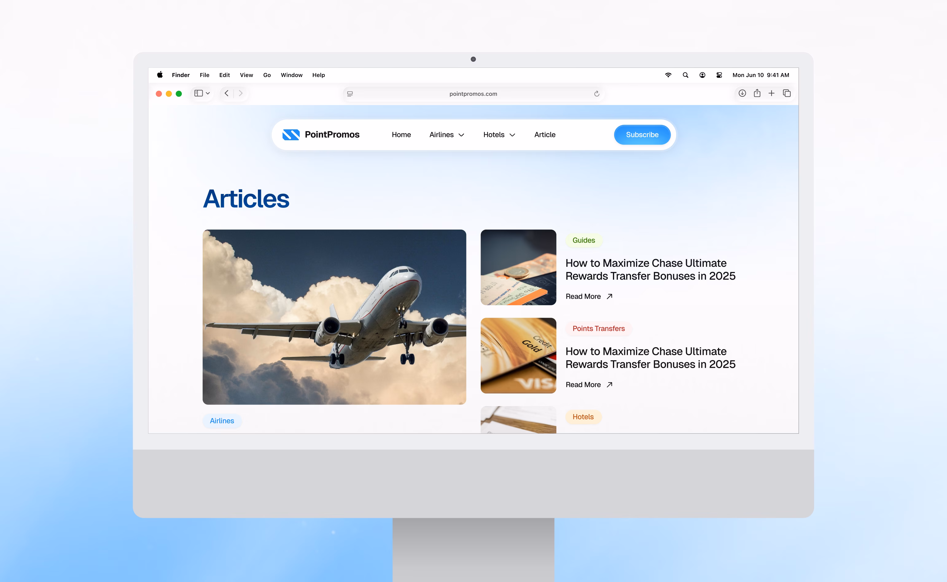 PointsPromos website design showing Articles section with hero image, article cards, and guide content about maximizing travel rewards by Hatypo Studio