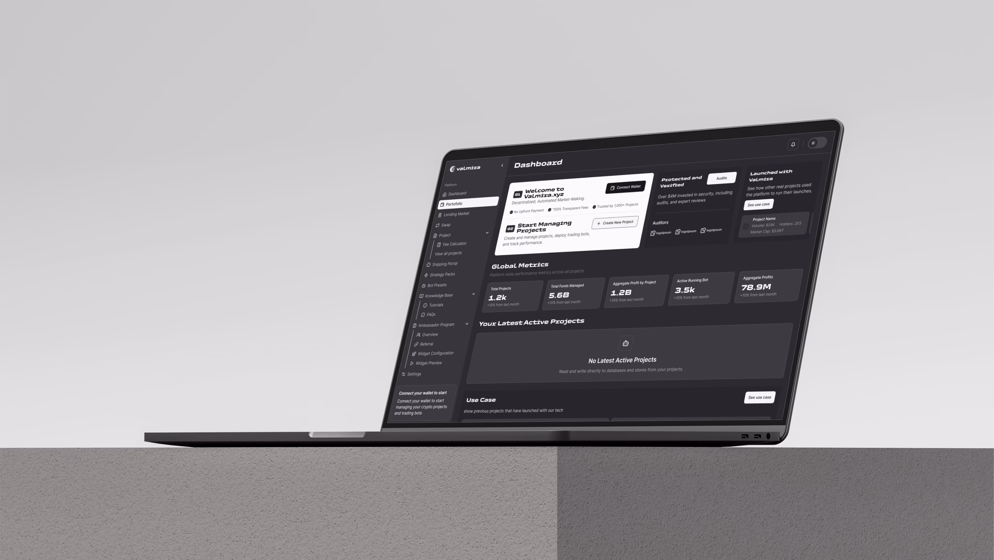 Valmira app design displaying "Create New Project" flow with token import, contract address, and network selection options by Hatypo Studio