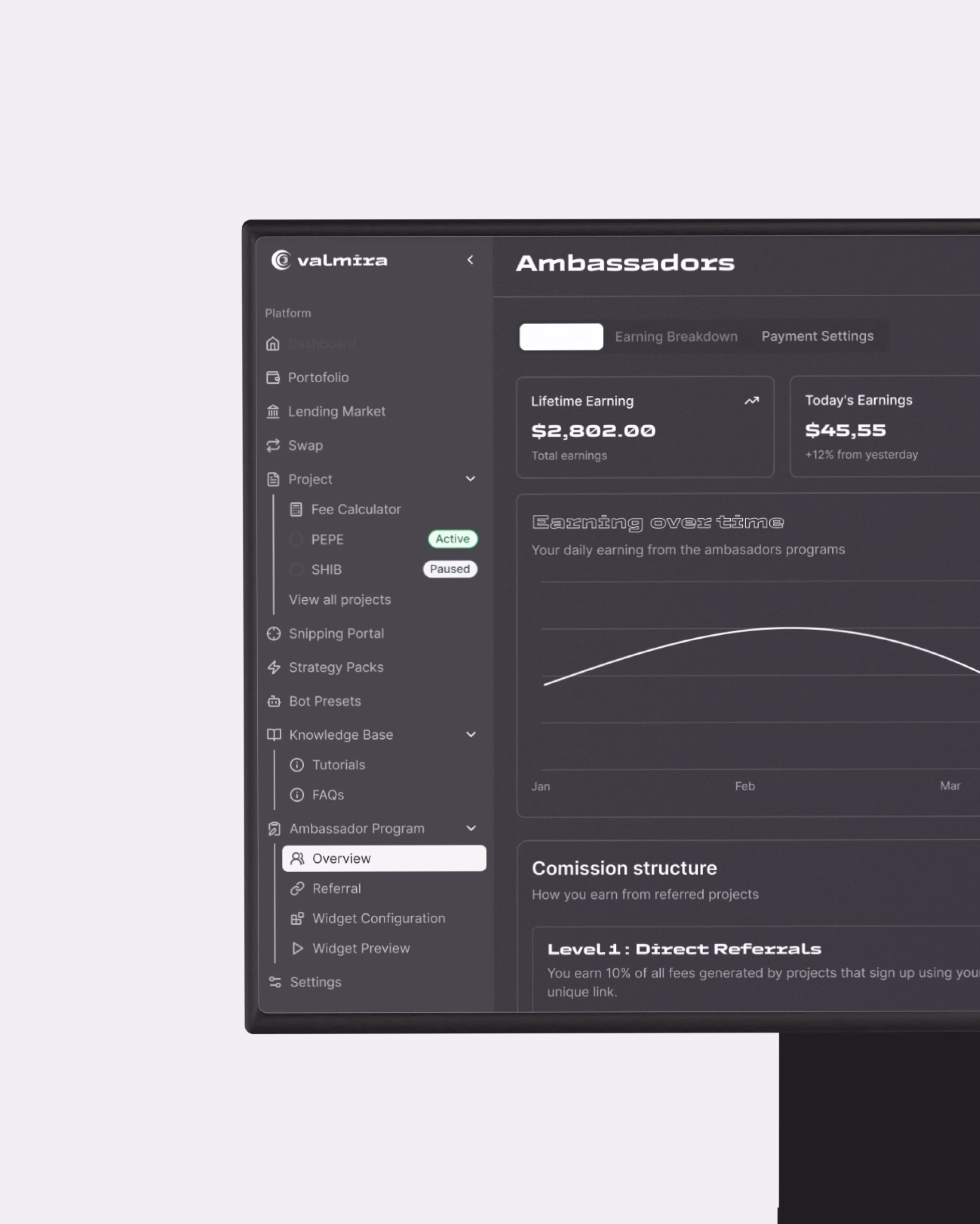 Valmira dashboard product design showing token metrics, trading volume, and automated market making performance data by Hatypo Studio