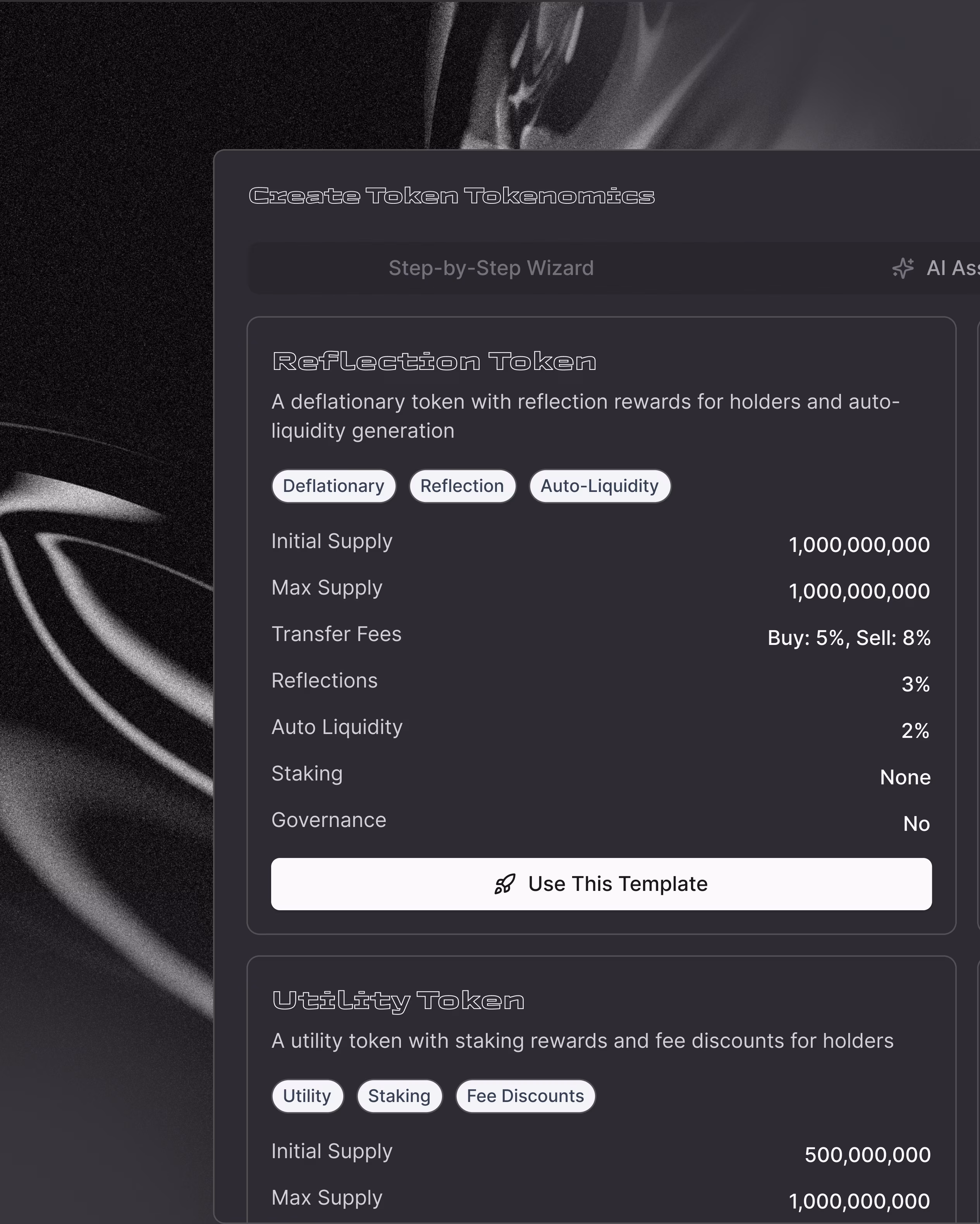 Valmira app UI design showing auto liquidity pool creation, initial supply, and buy/sell fee configuration by Hatypo Studio
