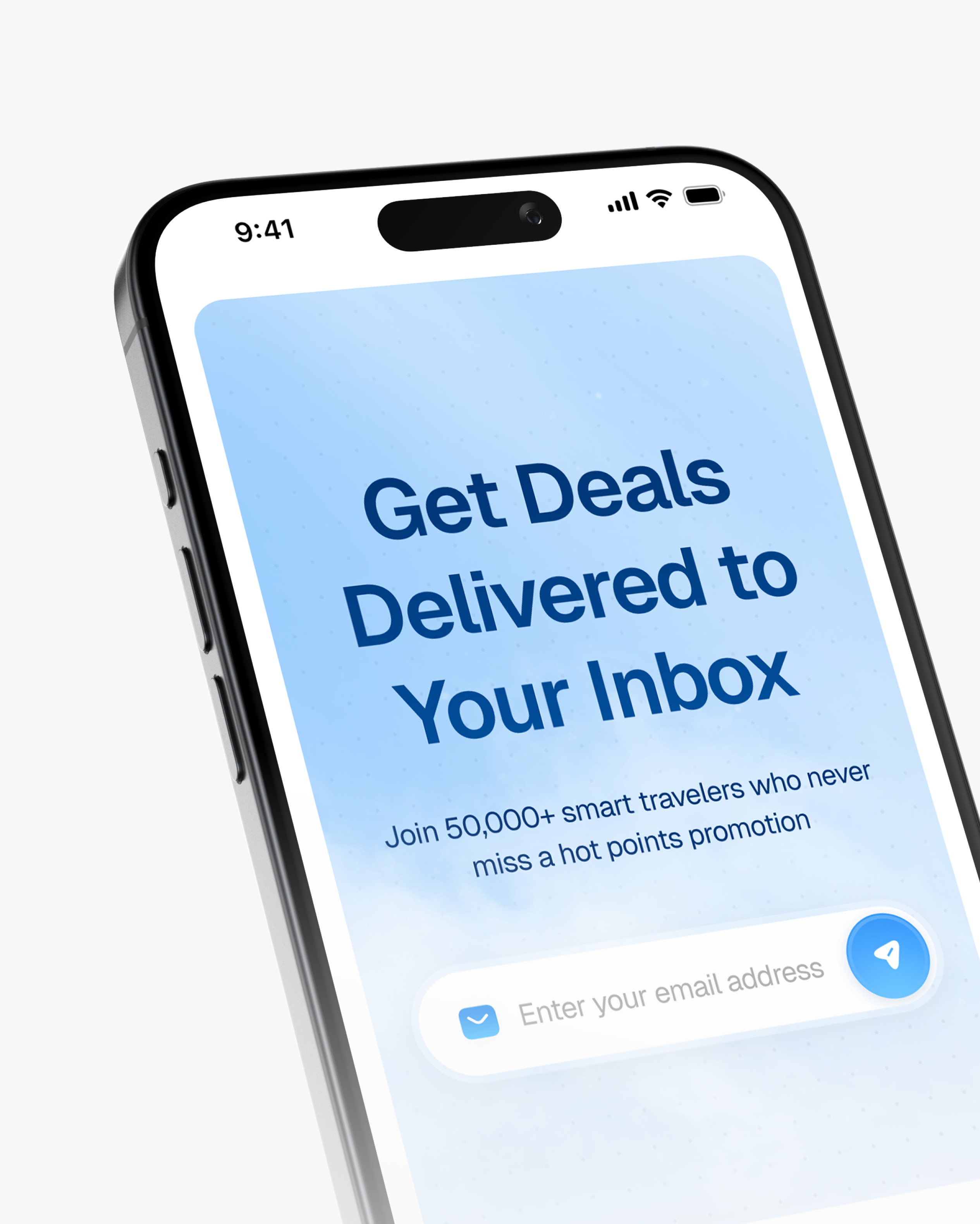PointsPromos website design showing email signup form with messaging "Join 50,000+ smart travelers" by Hatypo Studio