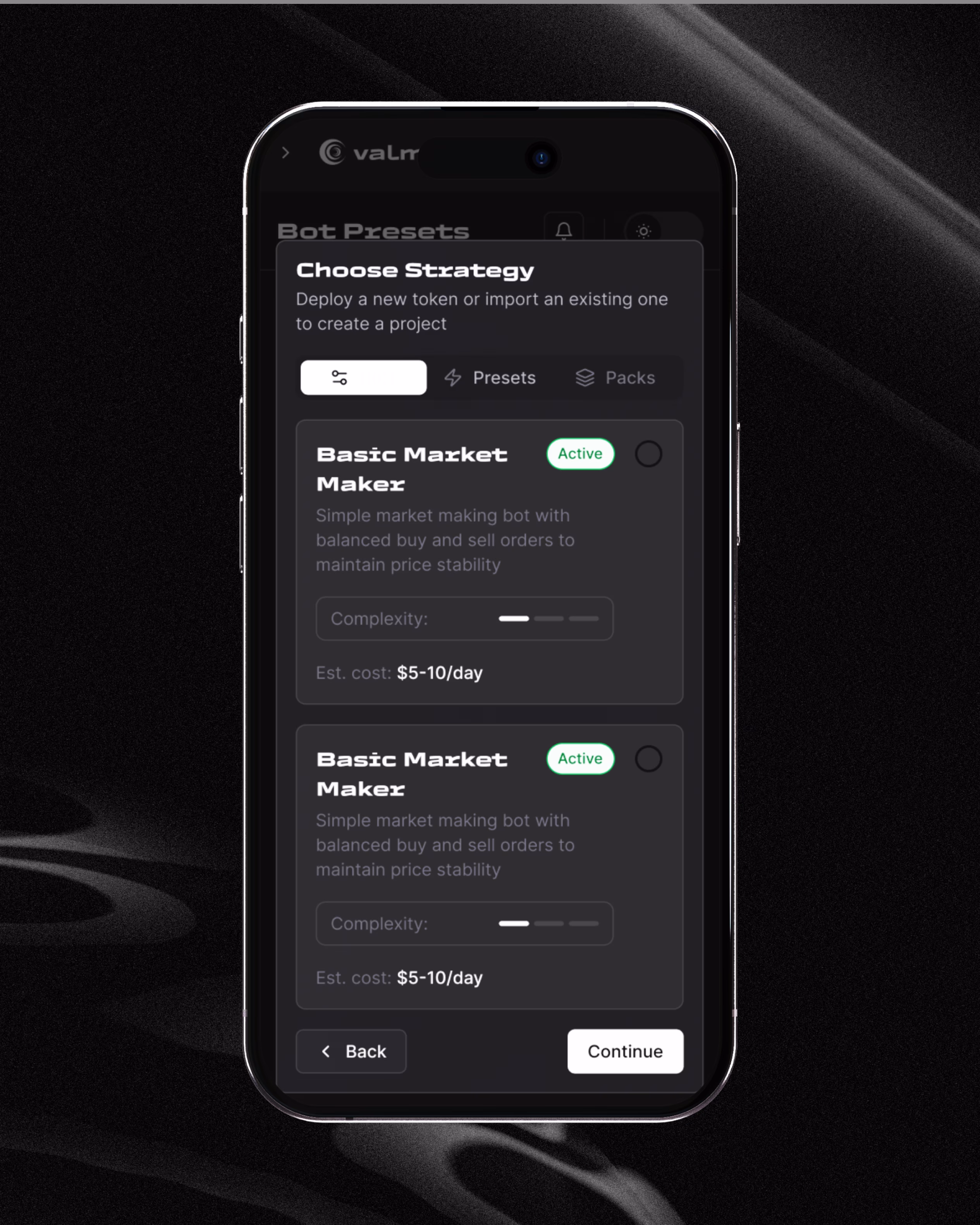 Valmira app UI design displaying liquidity pool configuration and maintenance tools for token projects by Hatypo Studio