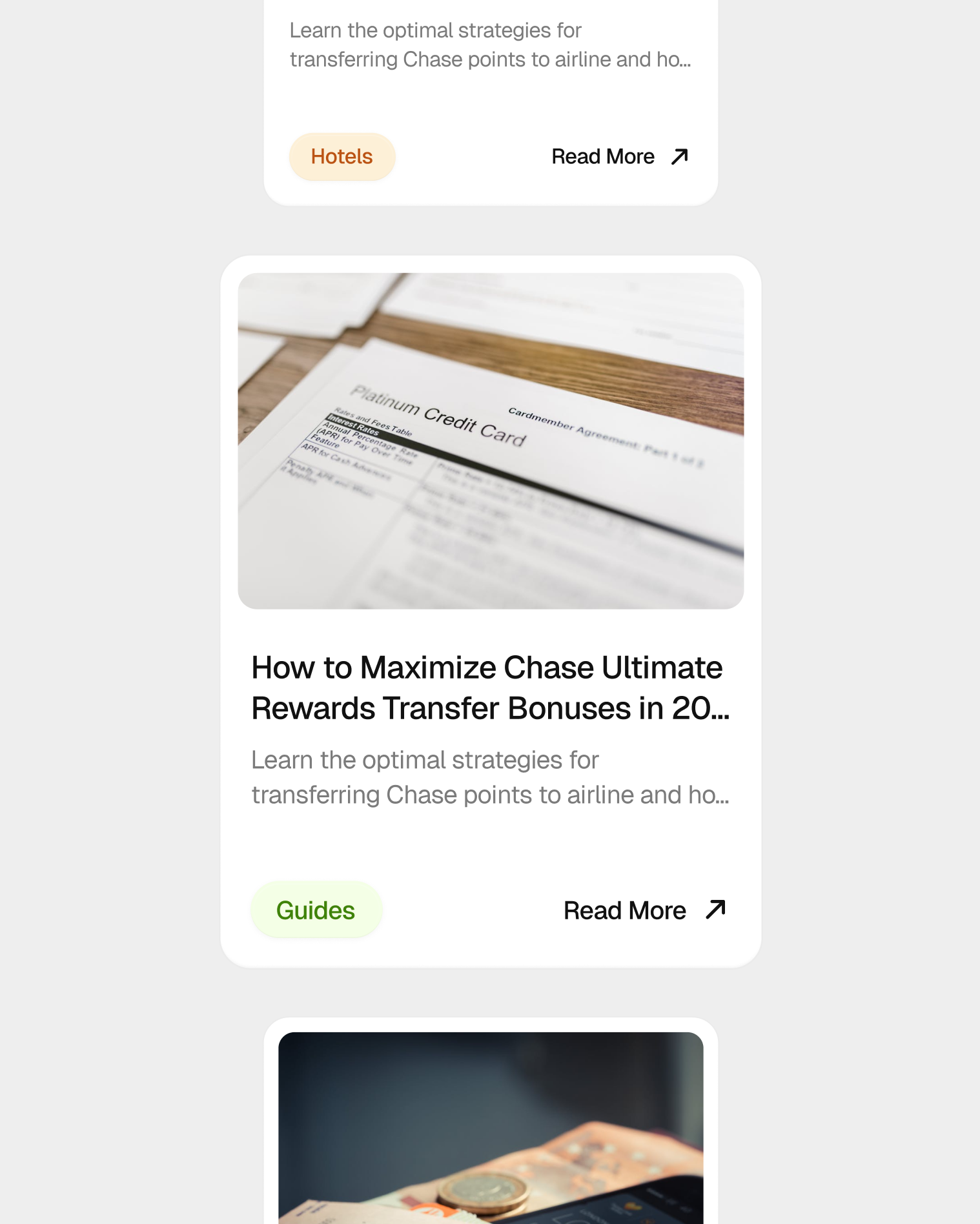 PointsPromos website design showing Articles section with hero image, article cards, and guide content about maximizing travel rewards by Hatypo Studio