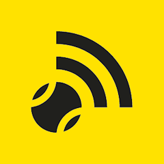 Black tennis ball icon combined with Wi-Fi signal symbol on a yellow background.