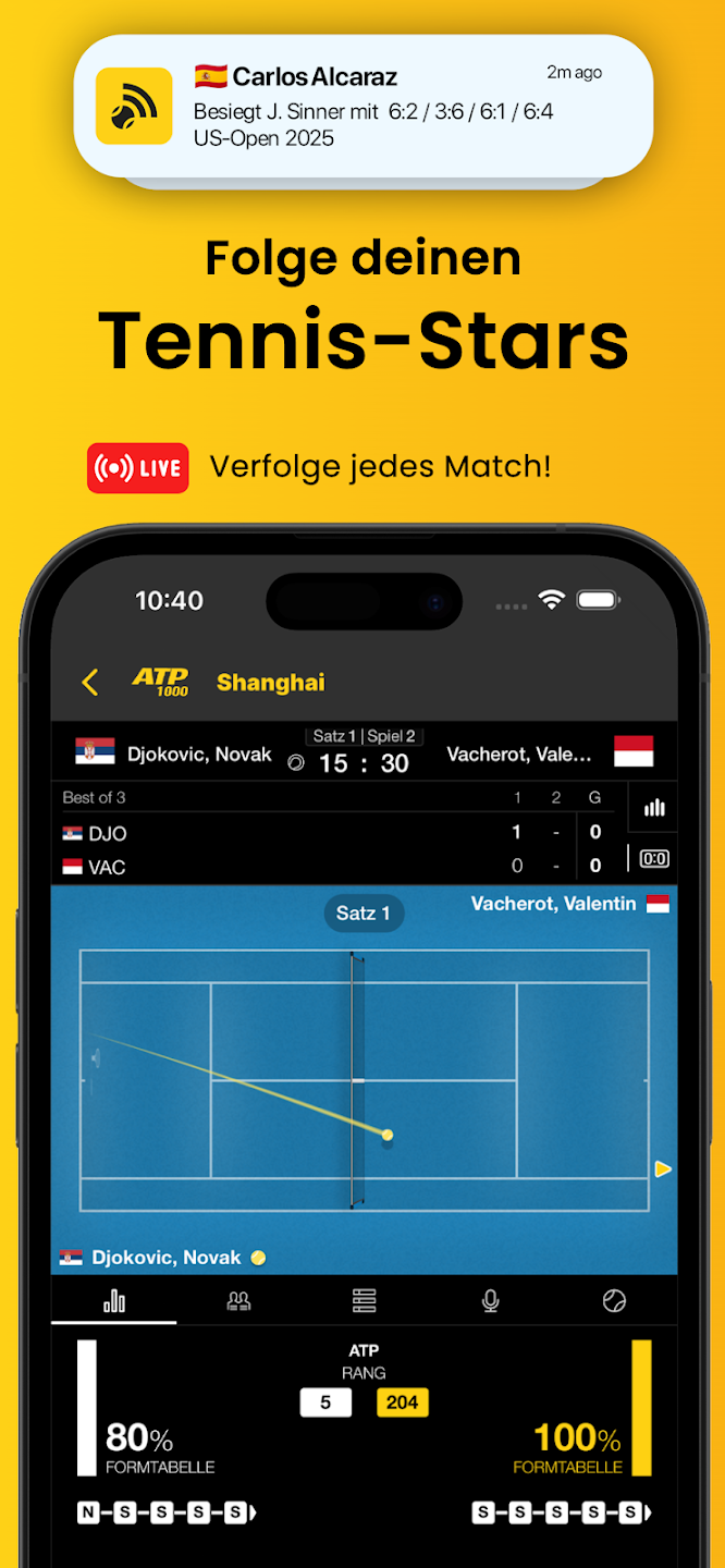 Live tennis match screen showing Djokovic vs Vacherot score and match stats with match notification from Carlos Alcaraz.