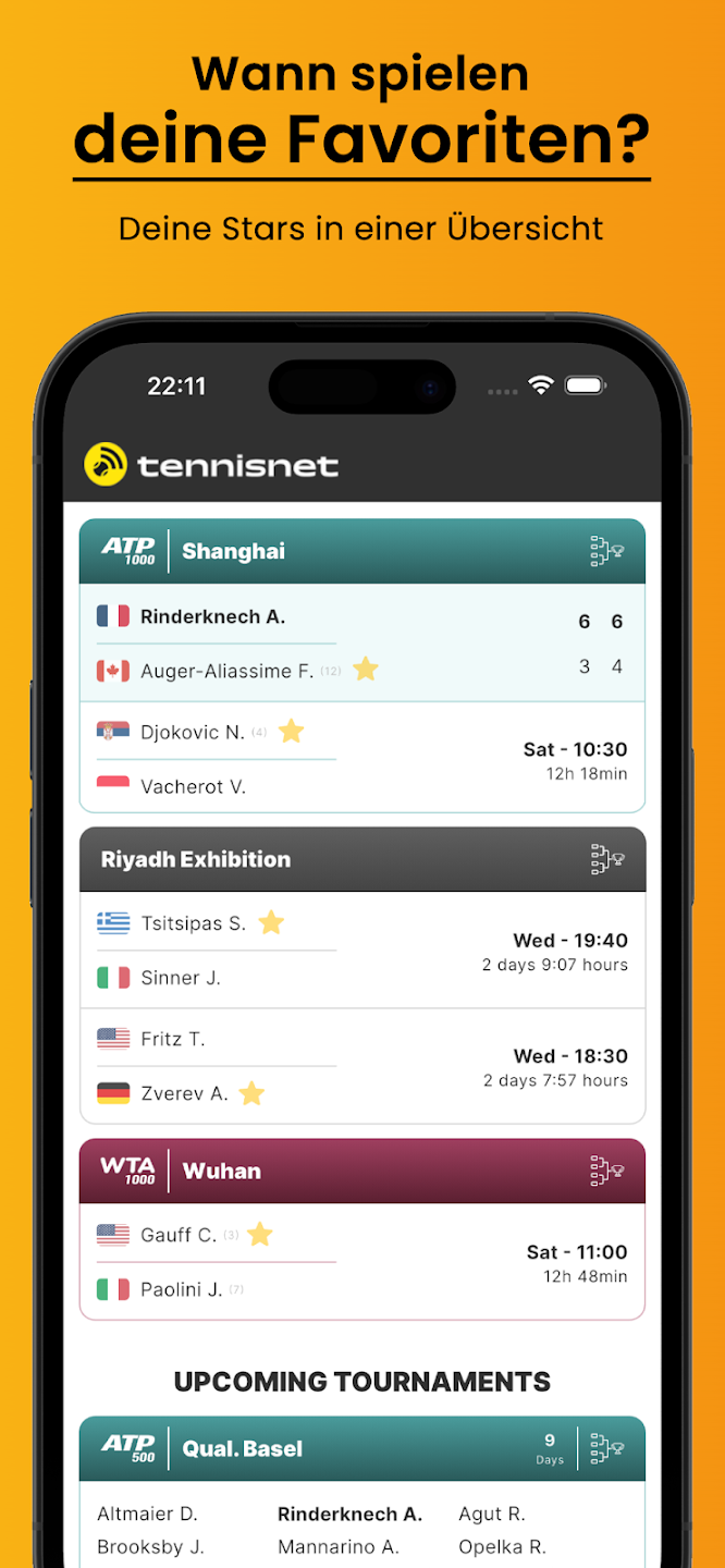 Tennisnet app screen showing match scores, schedules, and upcoming ATP and WTA tennis tournaments.