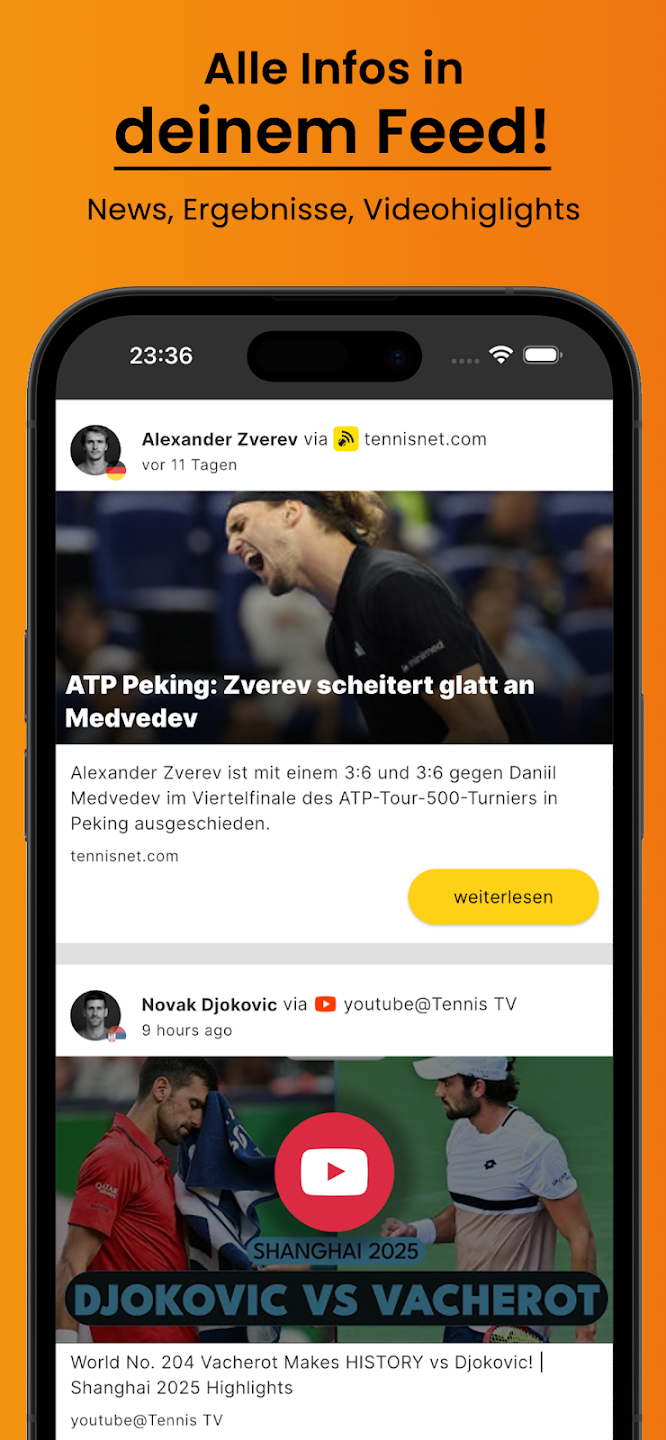 Smartphone showing tennis news and video highlights feed with Zverev and Djokovic stories.