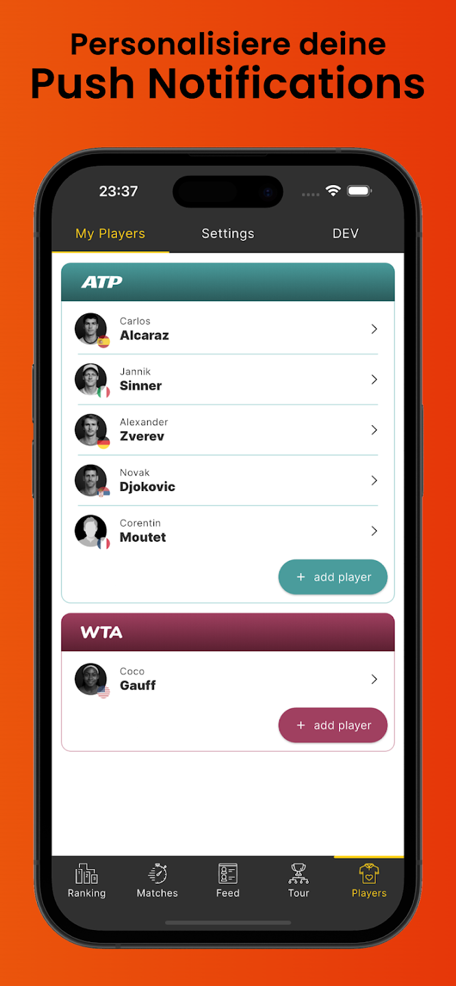 Mobile app screen showing customizable push notifications for ATP and WTA tennis players list.