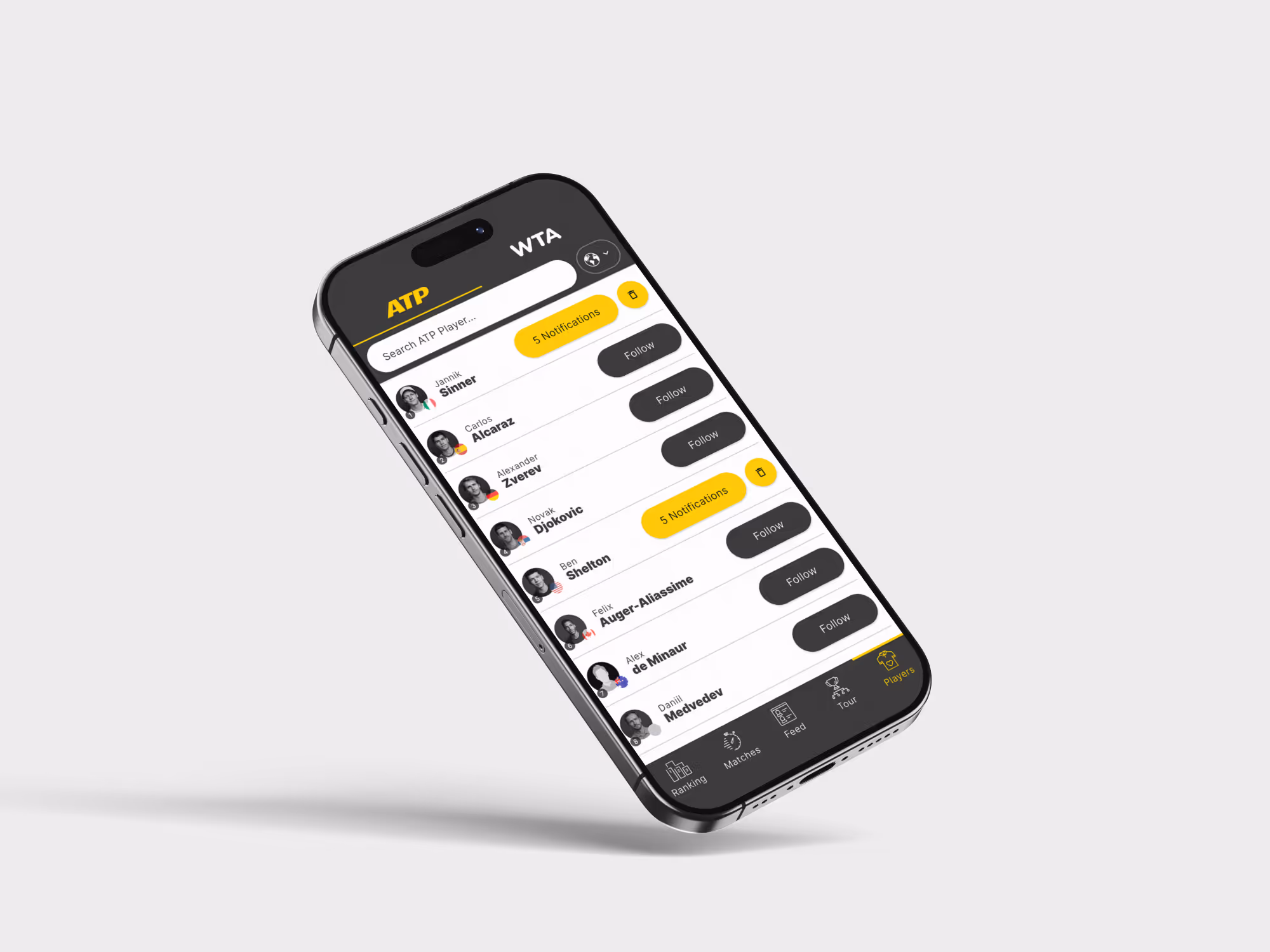 Mobile screen showing tennis app player list with photos, names, follow buttons, and notifications.