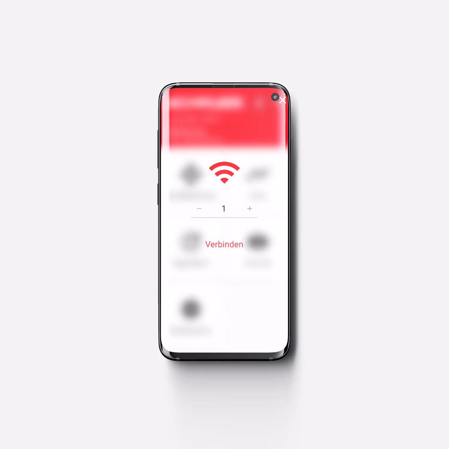 Smartphone screen with a red Wi-Fi symbol and a ‘Verbinden’ button in a connection app interface.