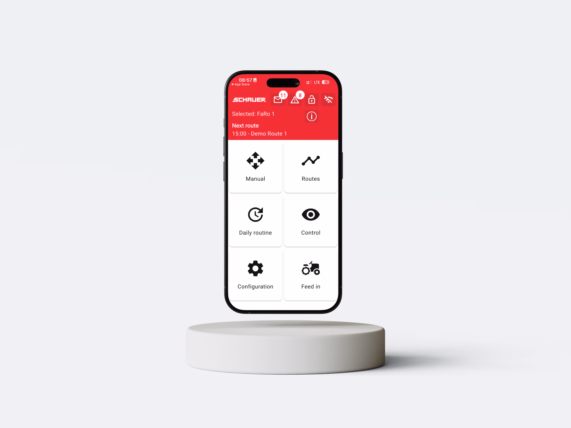 Smartphone display showing an app with manual, routes, daily routine, control, configuration, and feed in options.