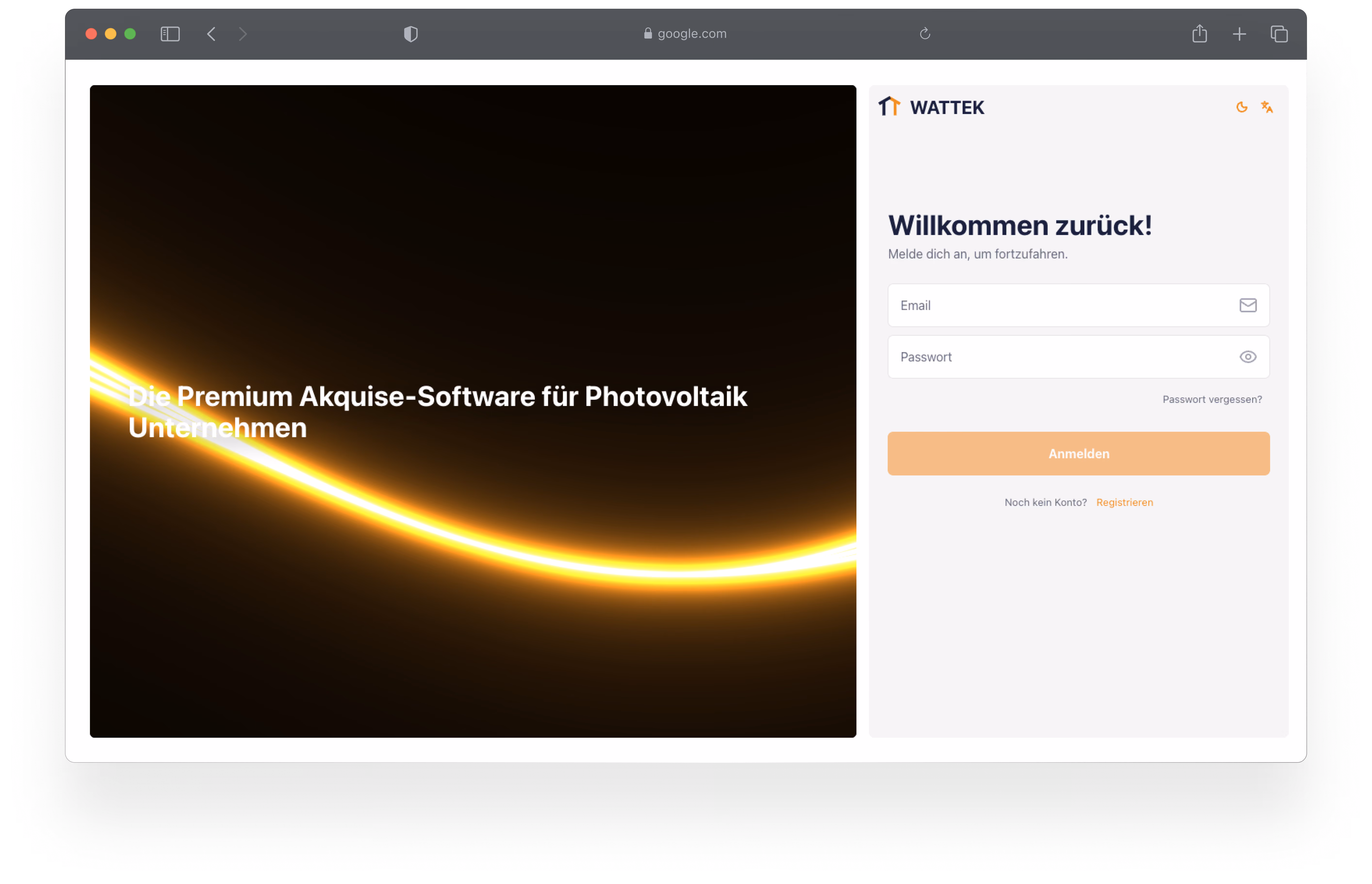 Login screen for Wattek with German text and orange light streak on dark background.