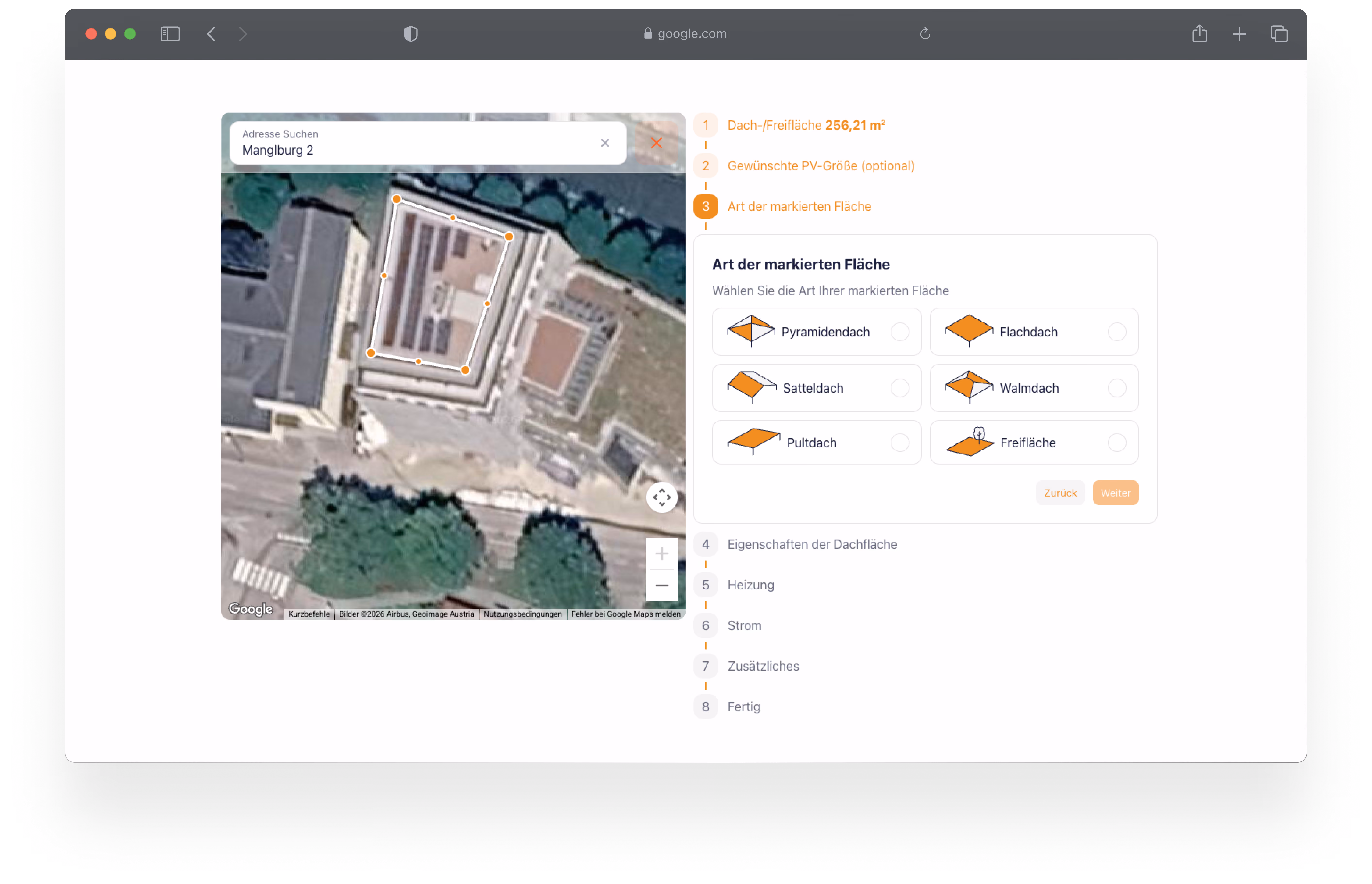Screen showing rooftop area marked on satellite map, with roof type selection options in German.