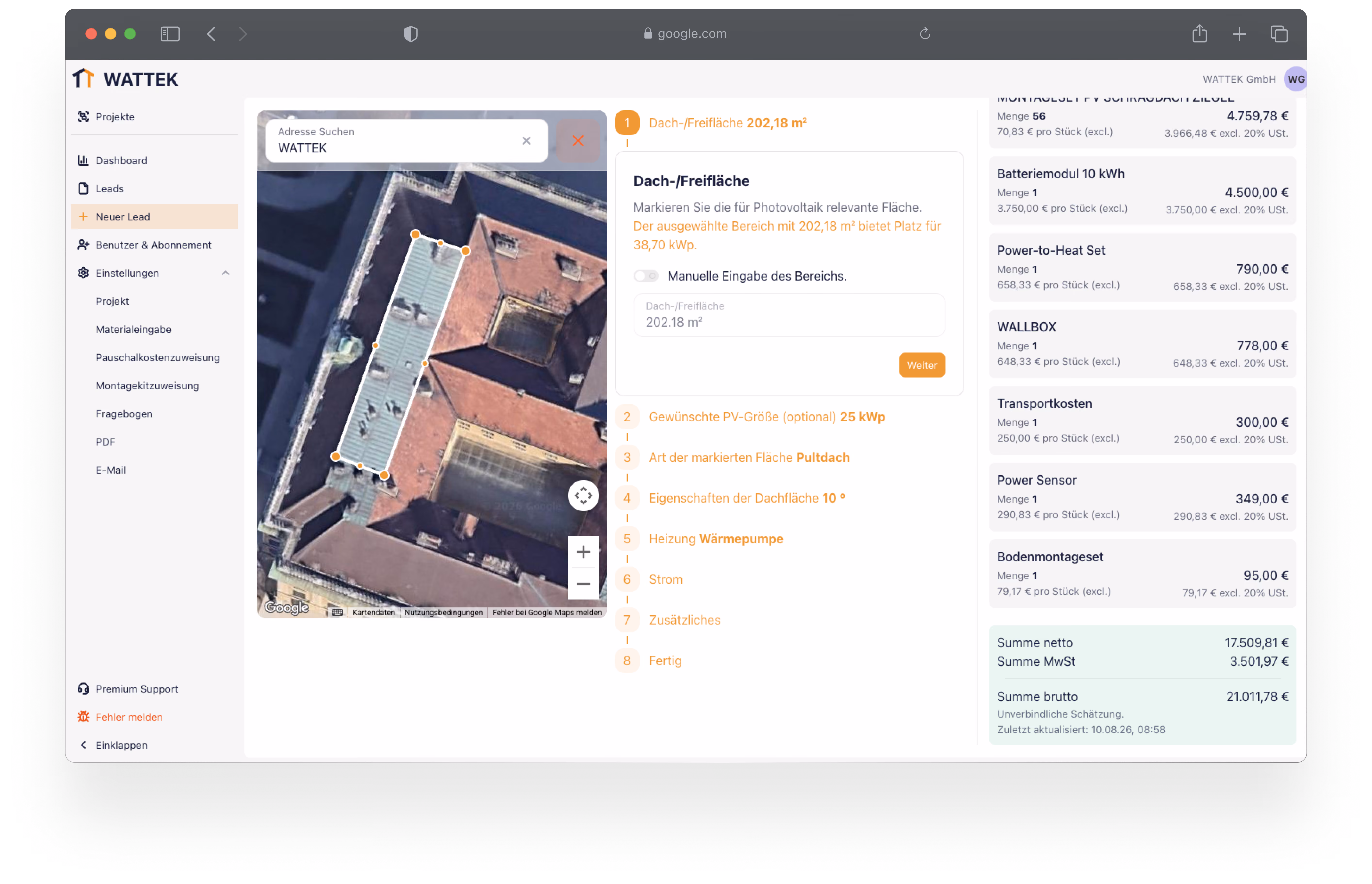 Screenshot of WATTEK solar panel planning tool with rooftop area marked on satellite map and cost summary.