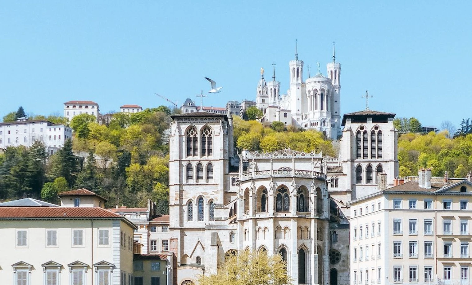 A large white building sitting on top of a lush green hillside. Fourvière Lyon