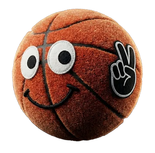 Smiling basketball with large eyes and a black hand showing a peace sign.